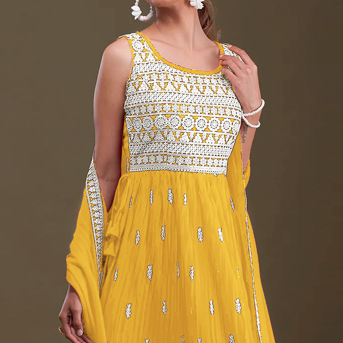 Yellow Sequins Embroidered Georgette Semi Stitched Naira Cut Palazzo Suit