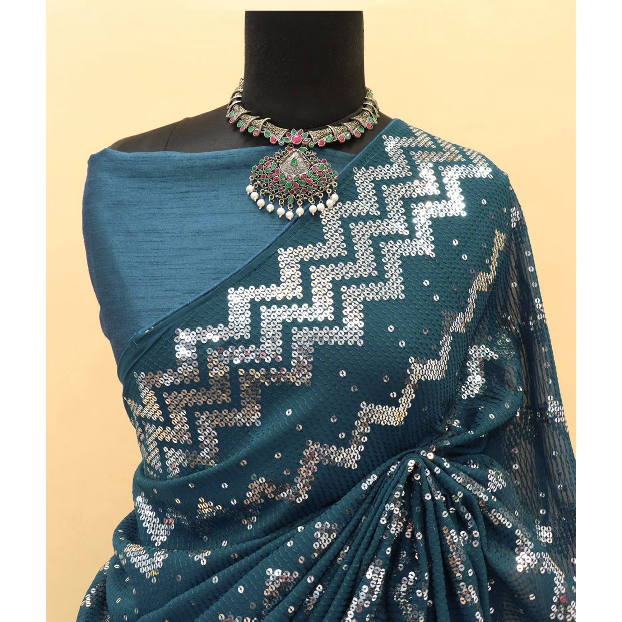 Morpich Sequins Embroidered Georgette Saree