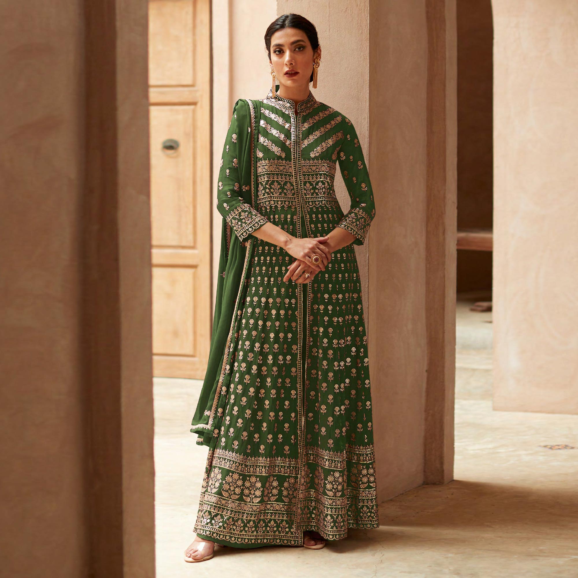 Green Sequins Embroidered Georgette Palazzo Suit