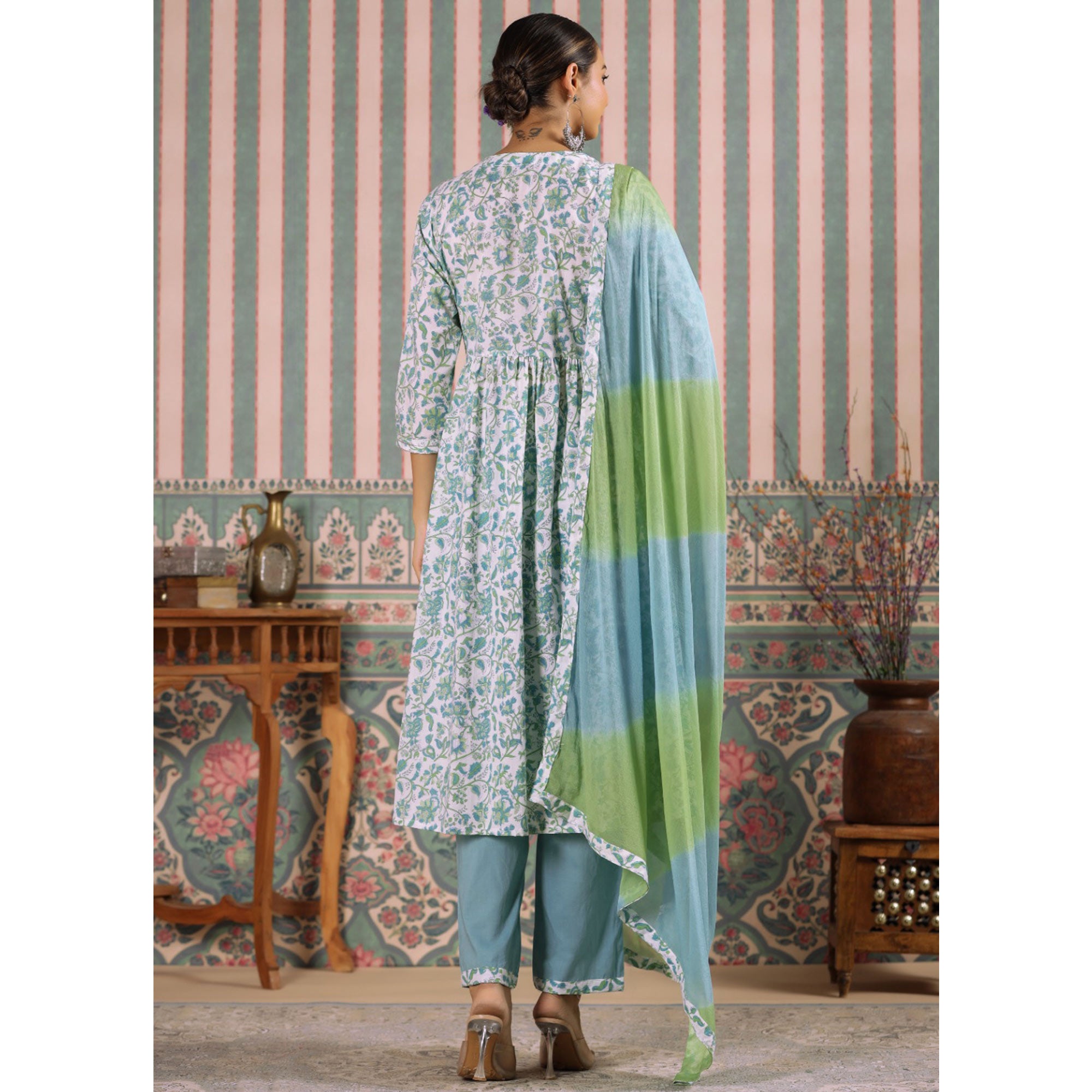 Aqua Blue Floral Printed Pure Cotton Alia Cut Suit