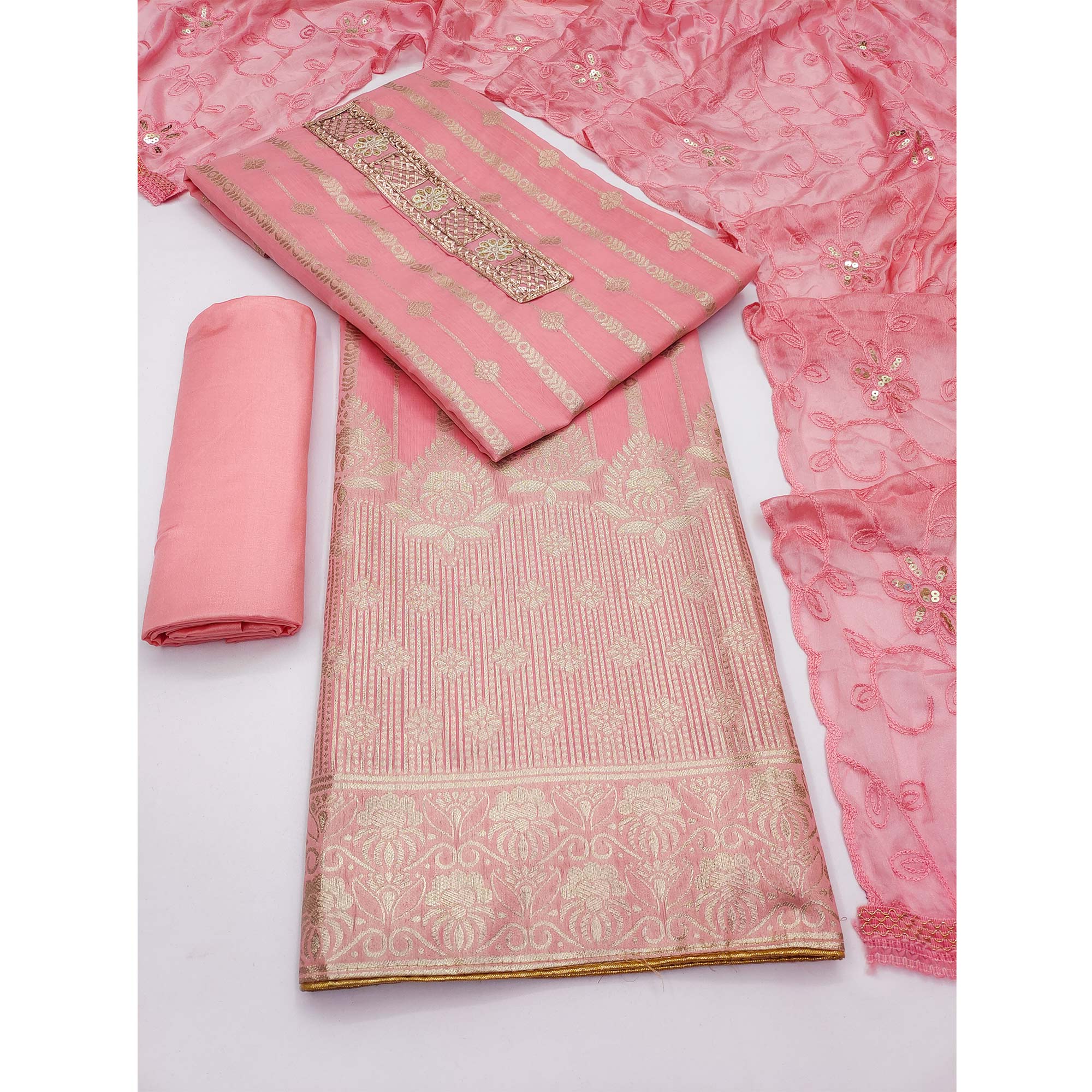 Pink Woven Banarasi Silk Dress Material