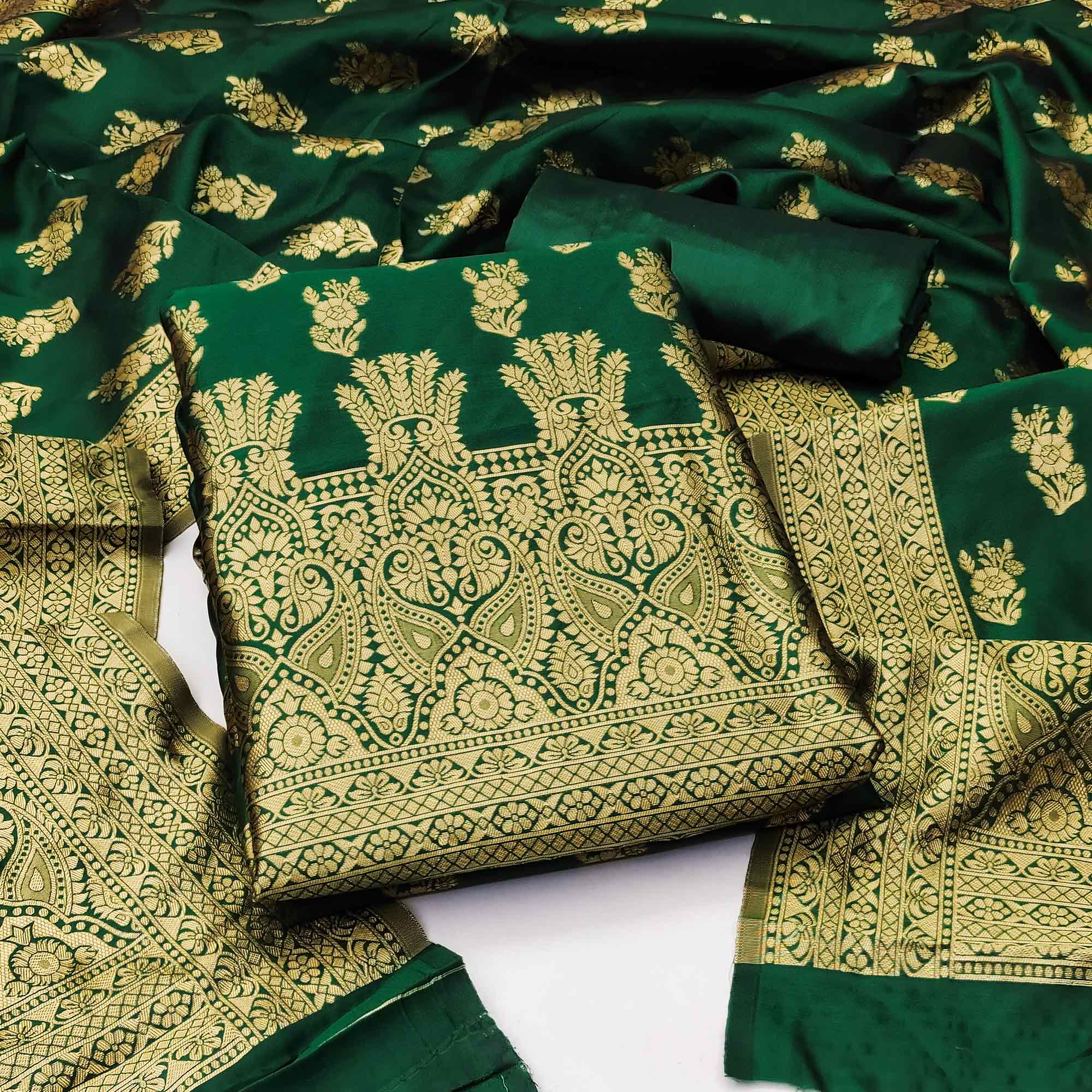 Green Floral Woven Jacquard Dress Material