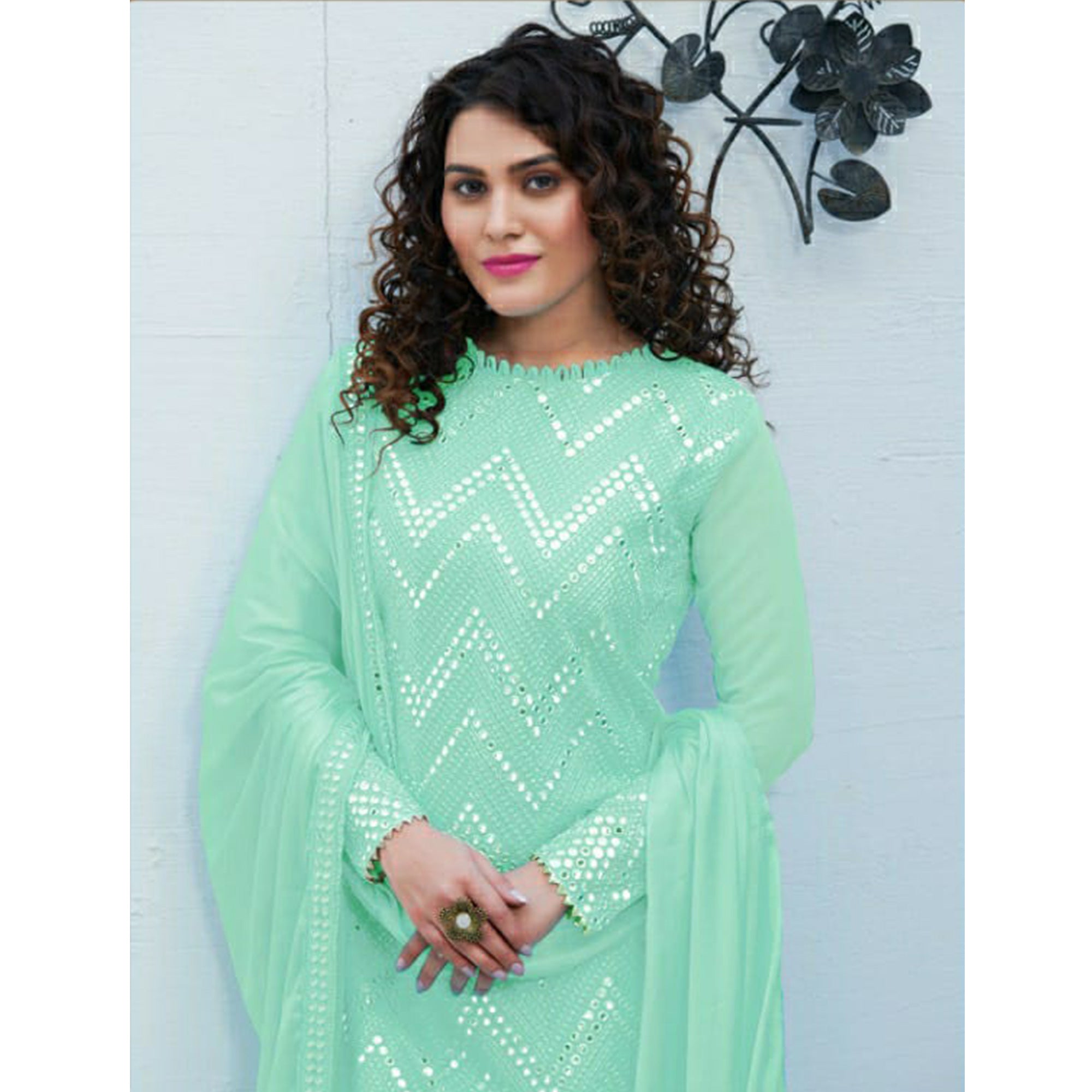 Aqua Green Mirror Embroidered Georgette Suit