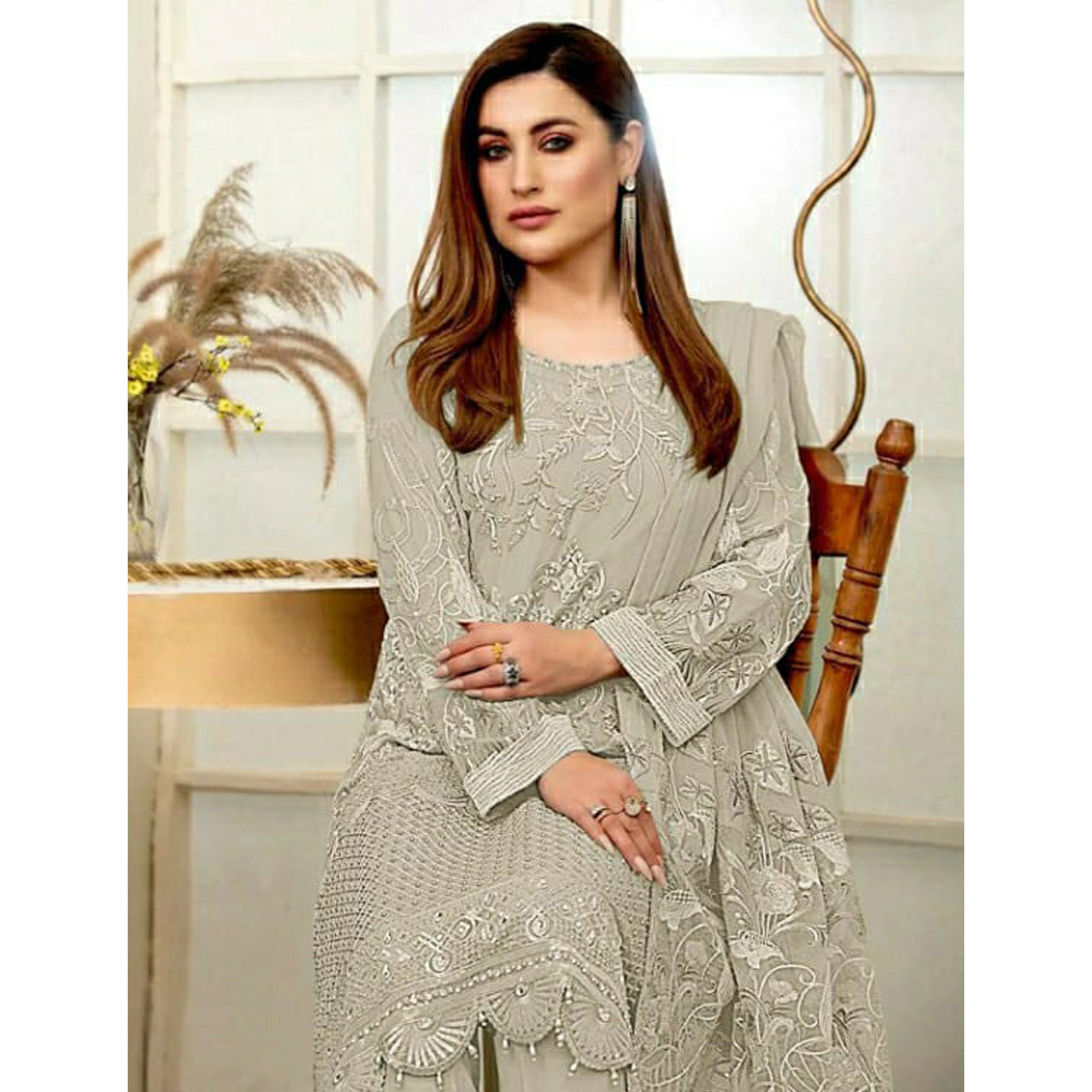 Grey Embroidered Georgette Pakistani Suit