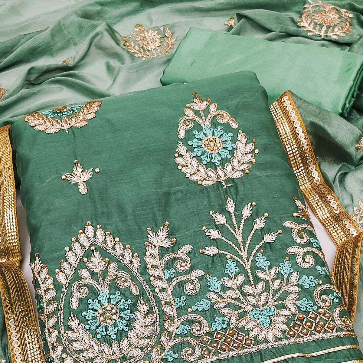 Green Floral Embroidered Modal Dress Material