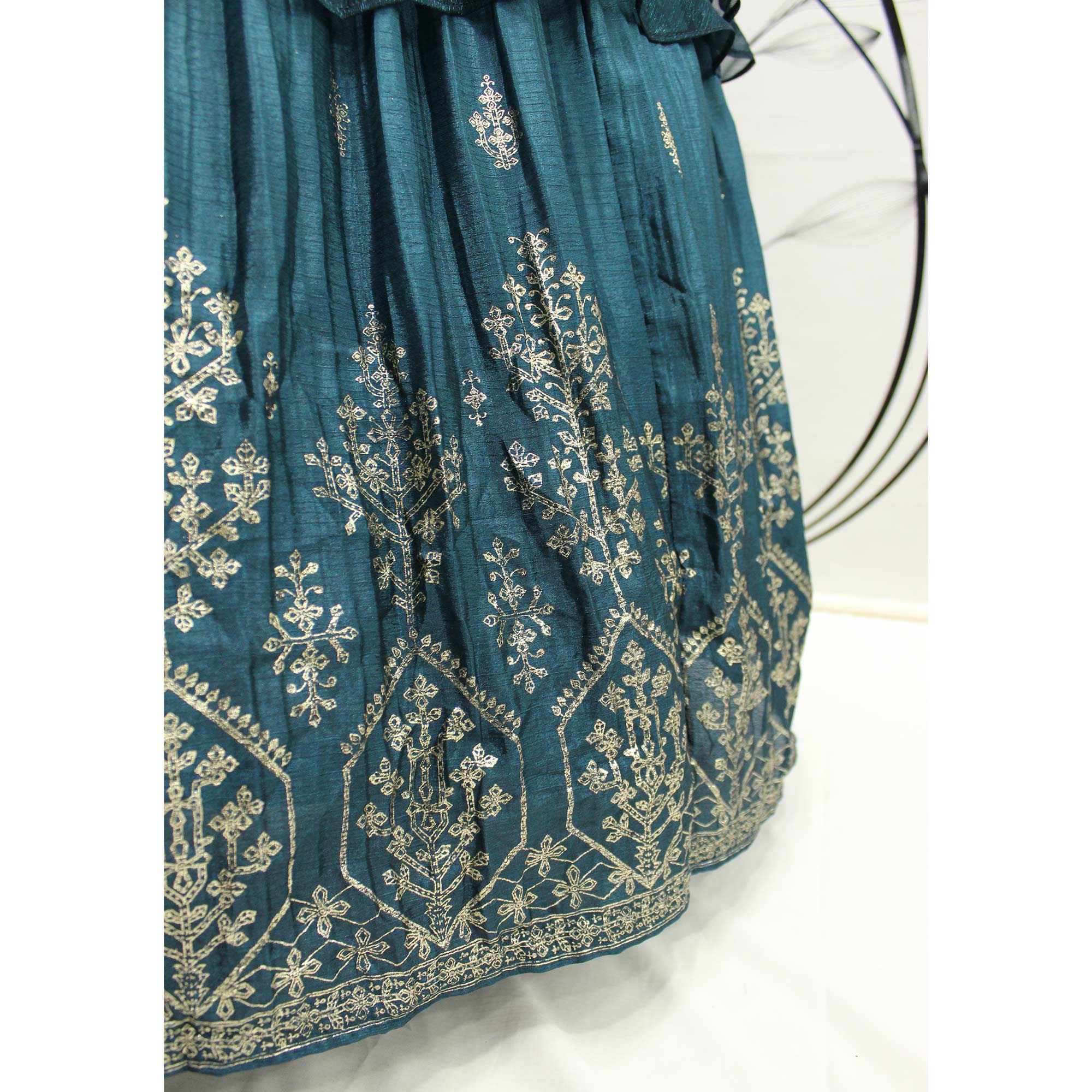 Teal Blue Foil Printed Chiffon Lehenga Choli