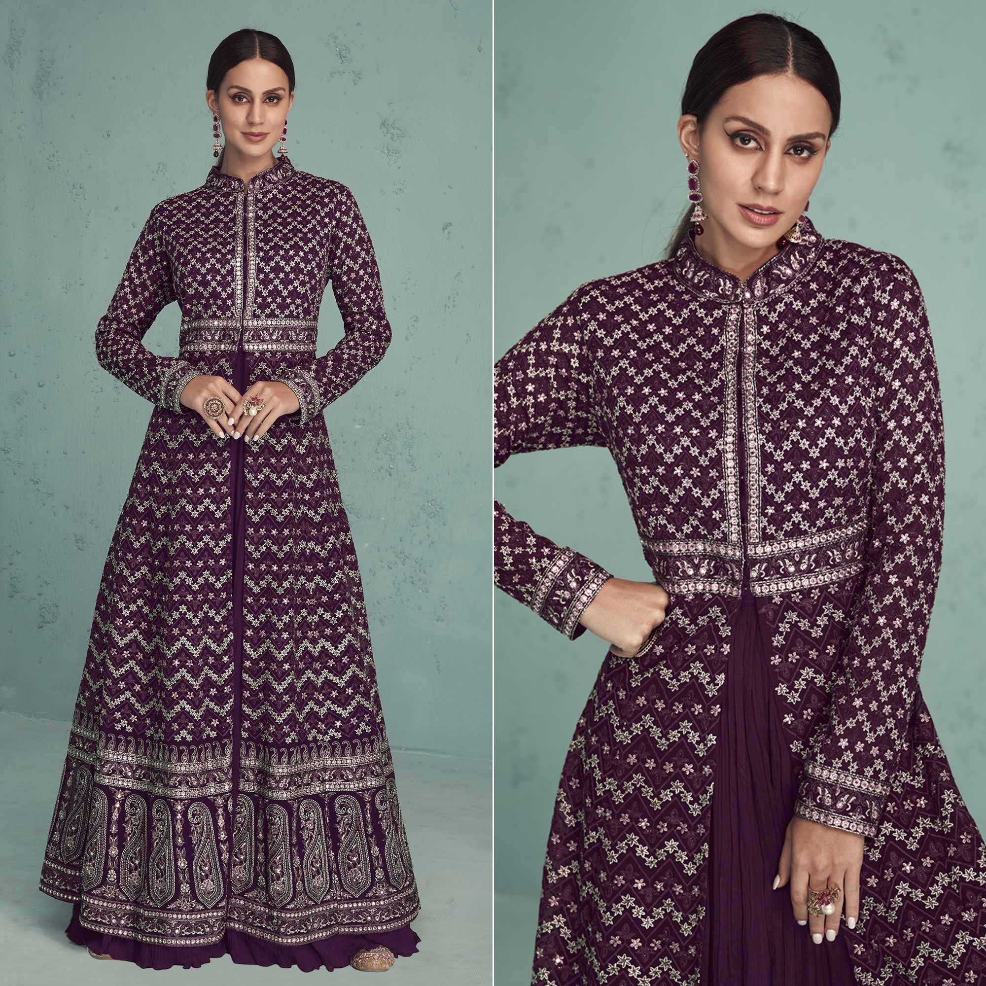 Purple Floral Embroidered Georgette Front Slit Suit