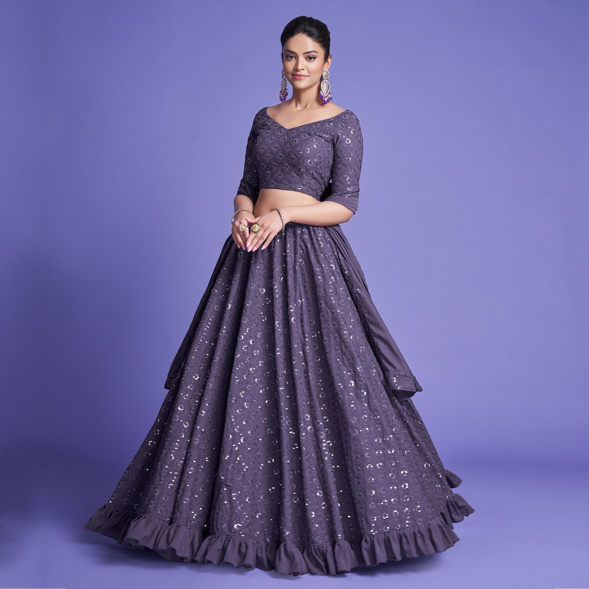 Purple Sequins Embroidered Georgette Lehenga Choli