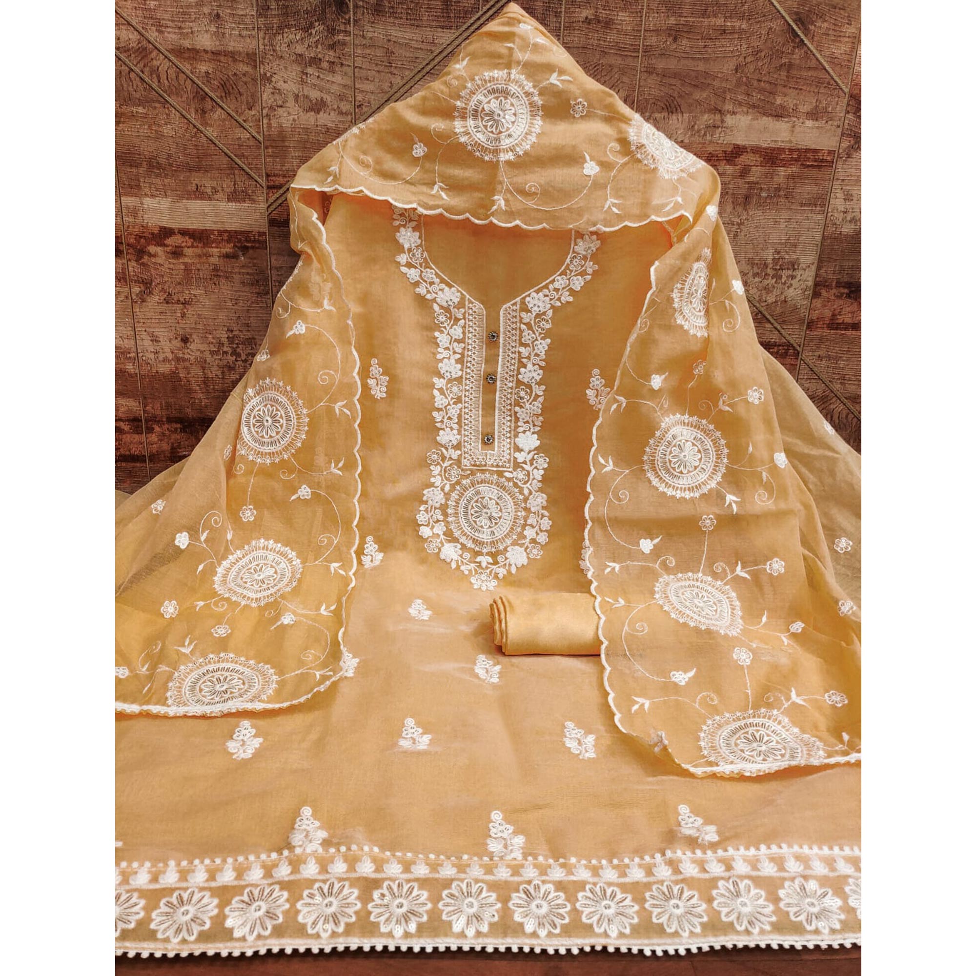 Chikoo Floral Embroidered Chanderi Dress Material