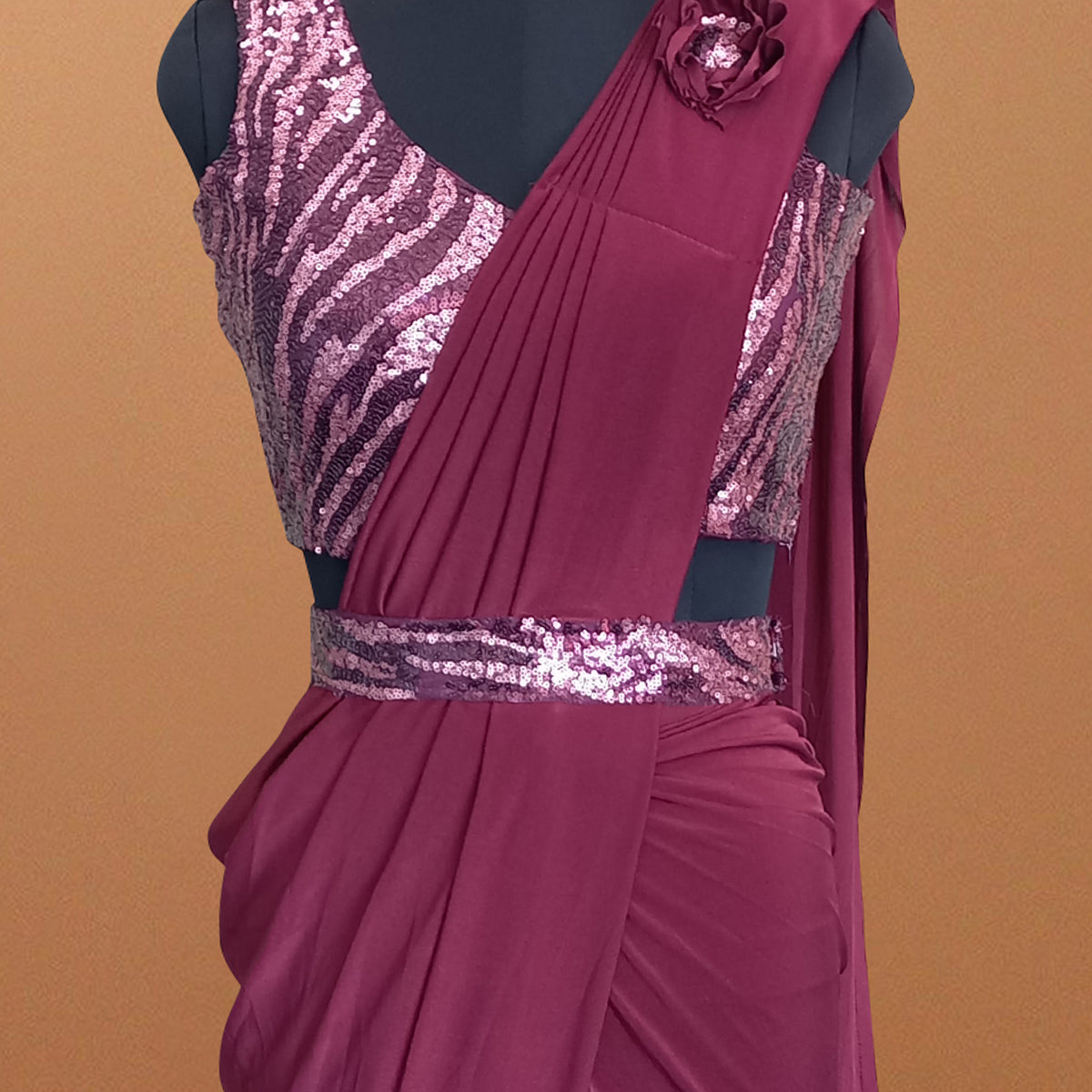 Wine Solid With Sequins Ready to Wear Lycra Saree