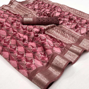 Pink Floral Printed With Woven Dola Silk Saree