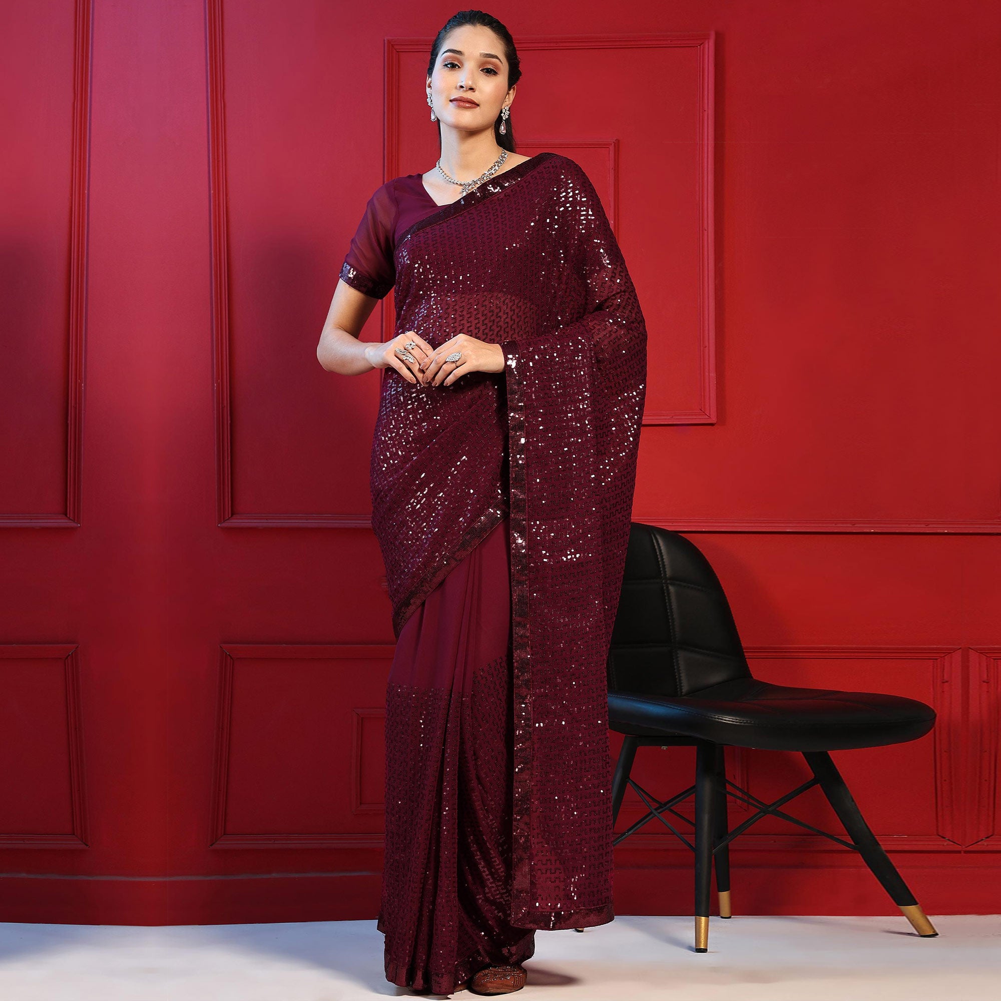 Maroon Sequins Embroidered Georgette Saree