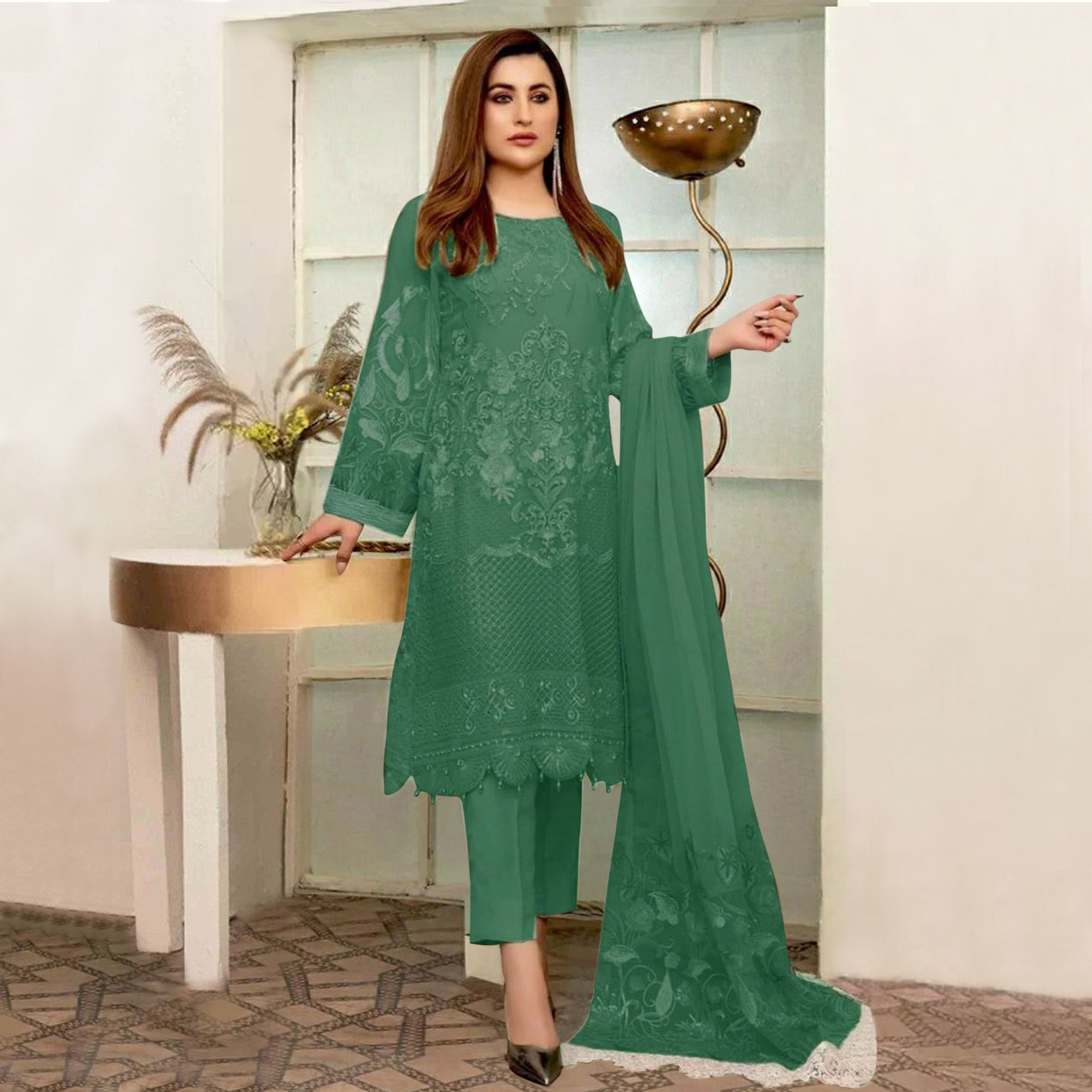 Dark Green Lucknowi Embroidered Georgette Pakistani Suit