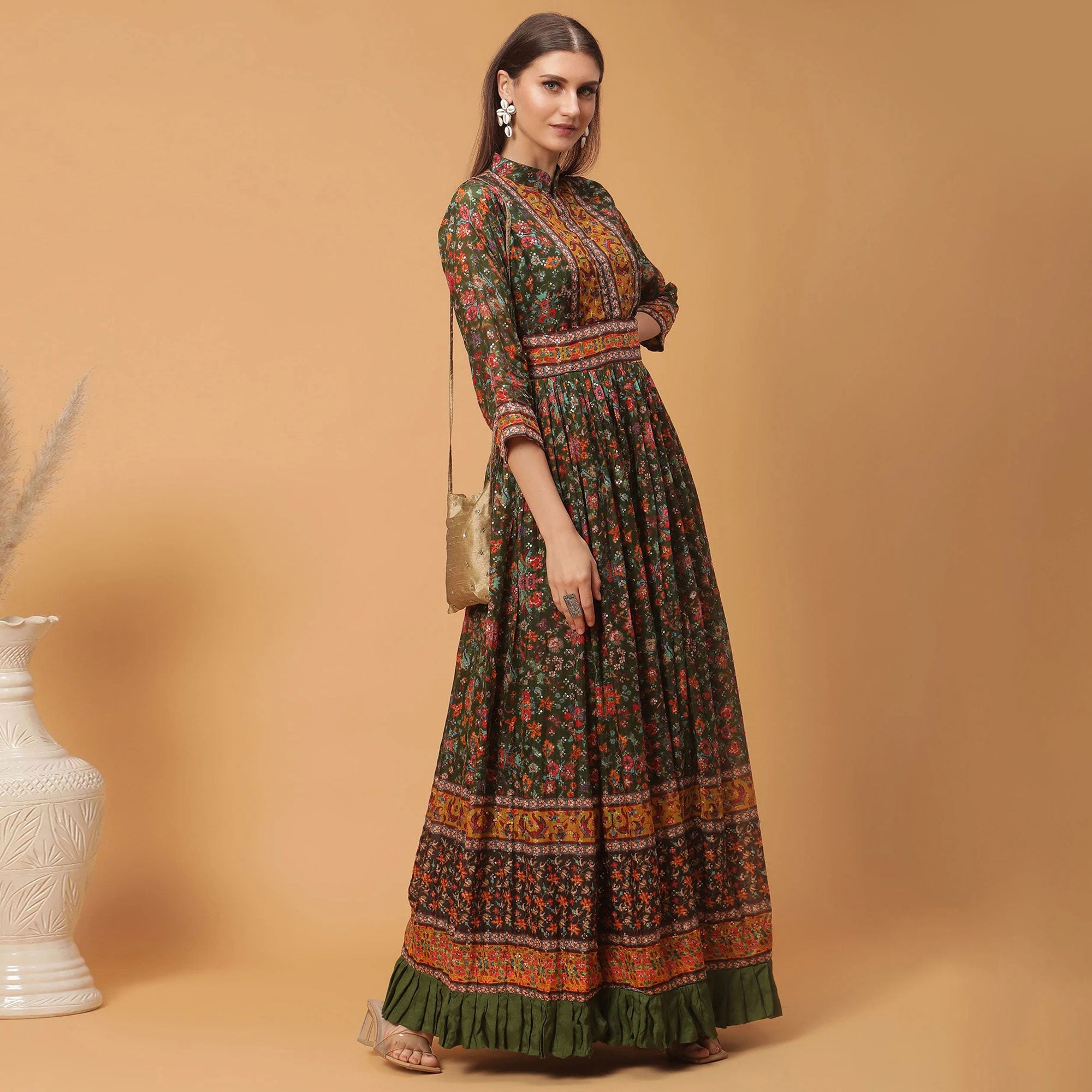 Olive Green Digital Printed Dola Silk Gown