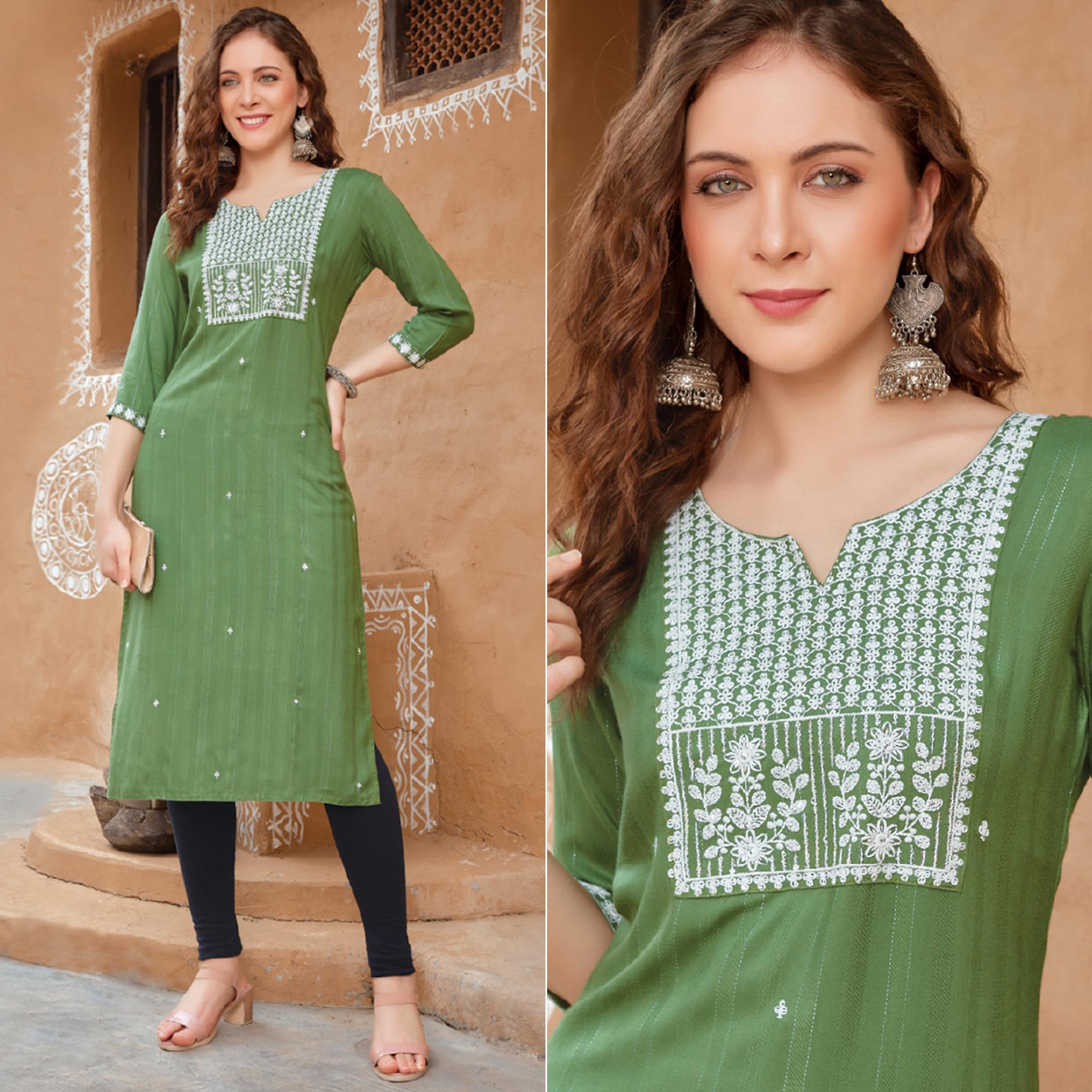 Green Floral Embroidered Rayon Kurti