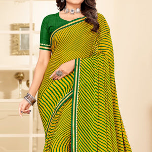 Yellow Green Digital Striped Printed Chiffon Saree With Tassels