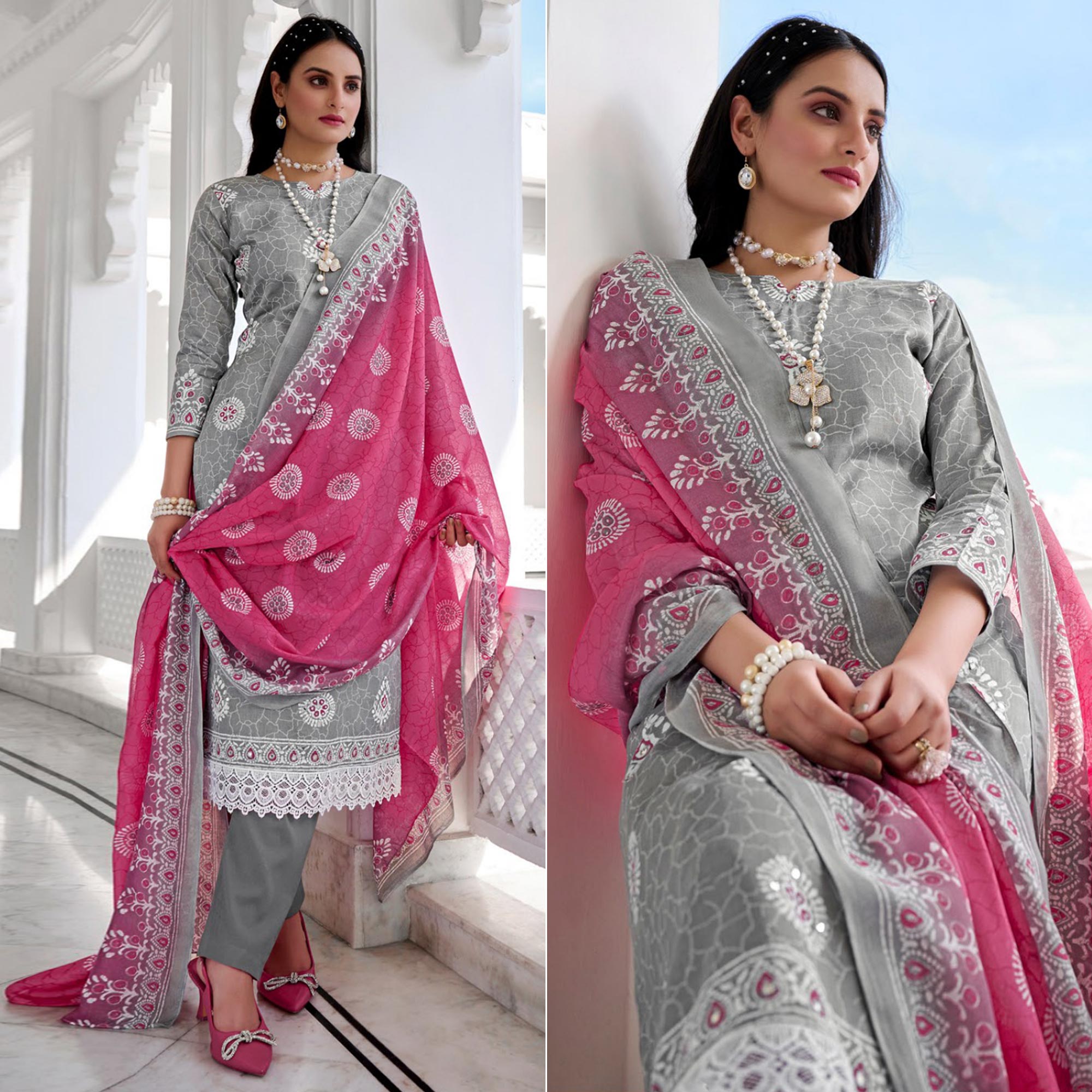 Grey Digital Printed With Mirror Work Pure Cotton Suit