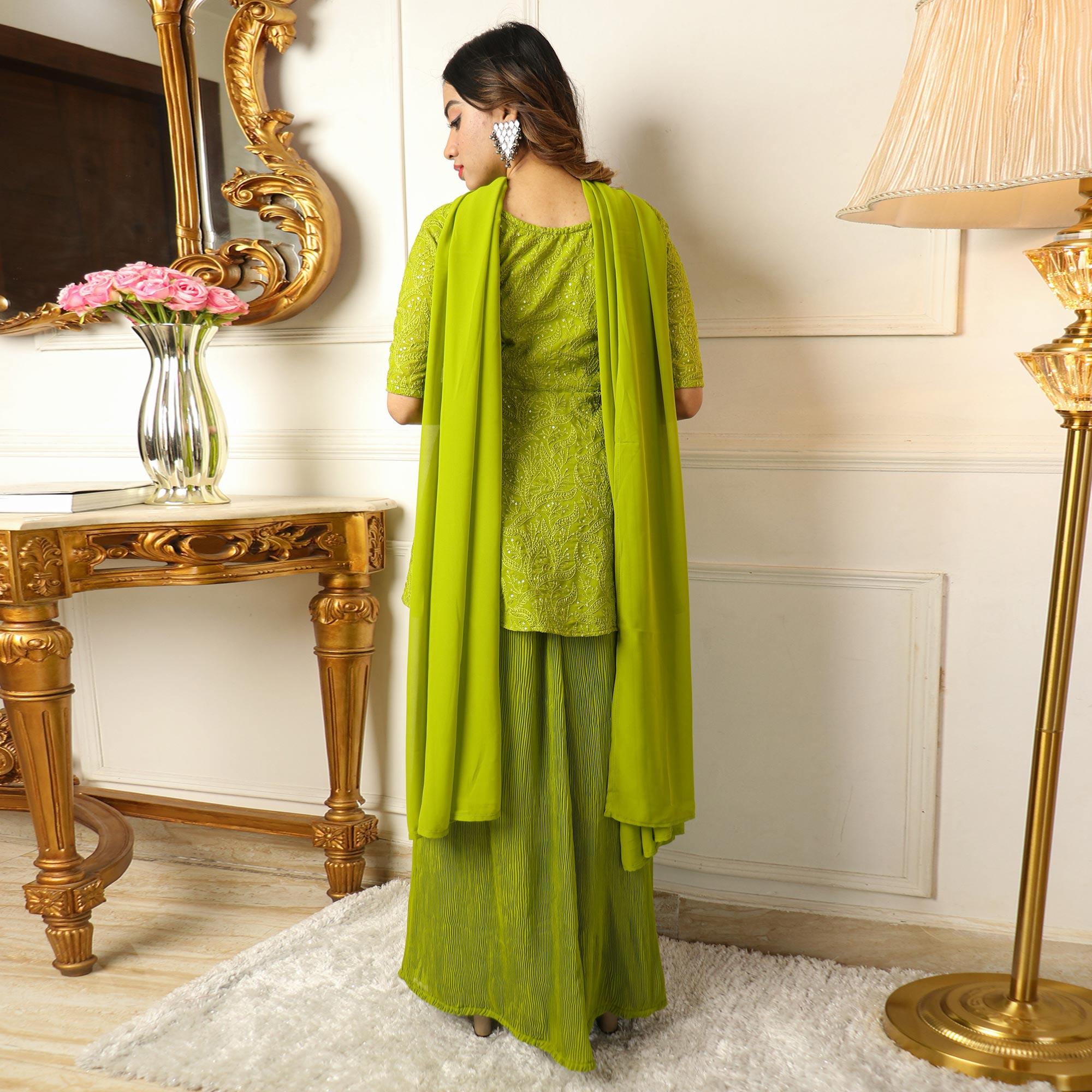Green Sequins Embroidered Georgette Sharara Suit