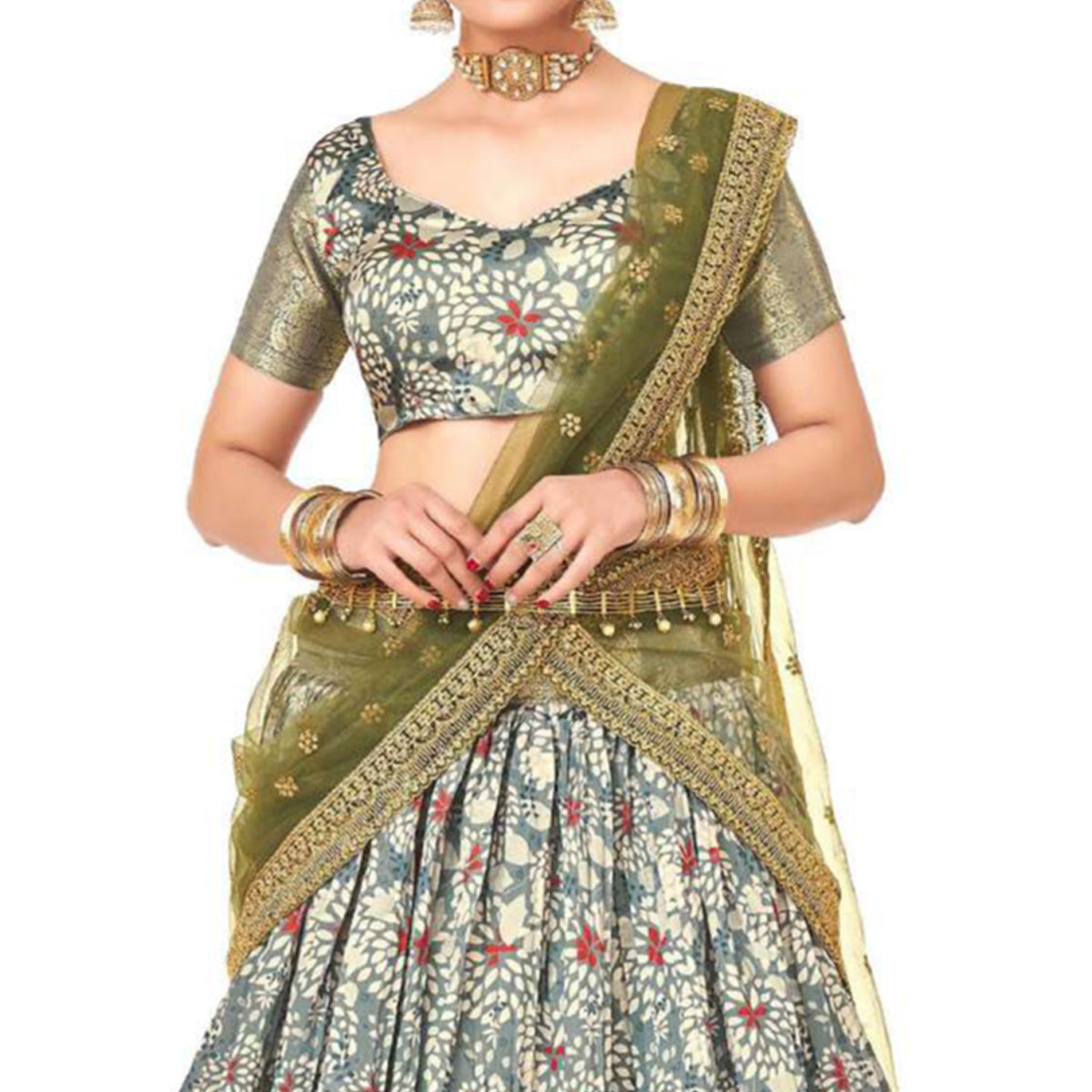 Grey Digital Printed With Zari Work Art Silk Lehenga Choli
