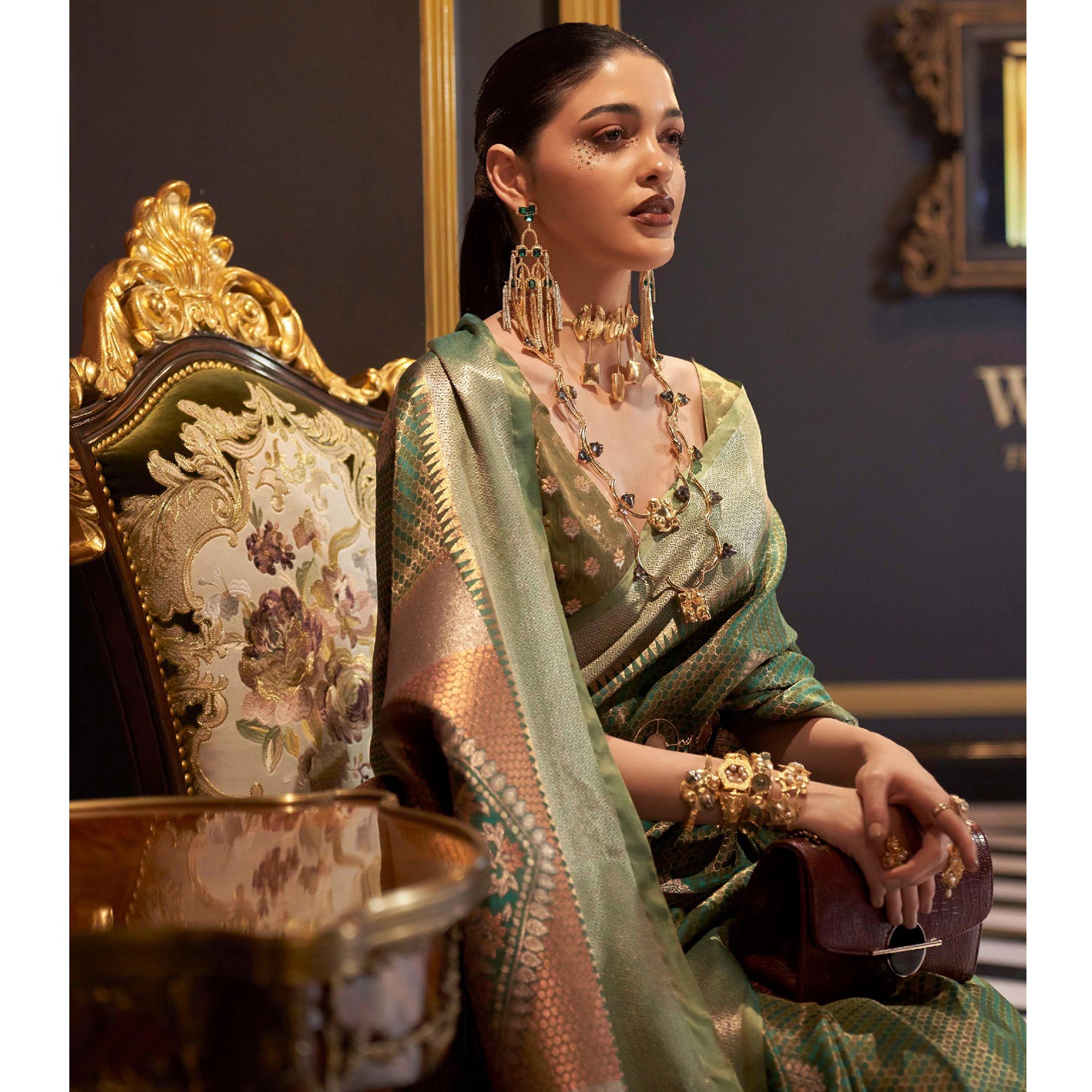 Green Woven Art Silk Saree With Tassels