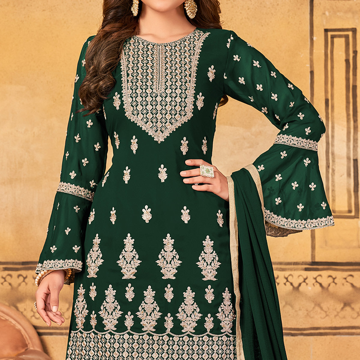 Green Floral Embroidered Georgette Palazzo Suit