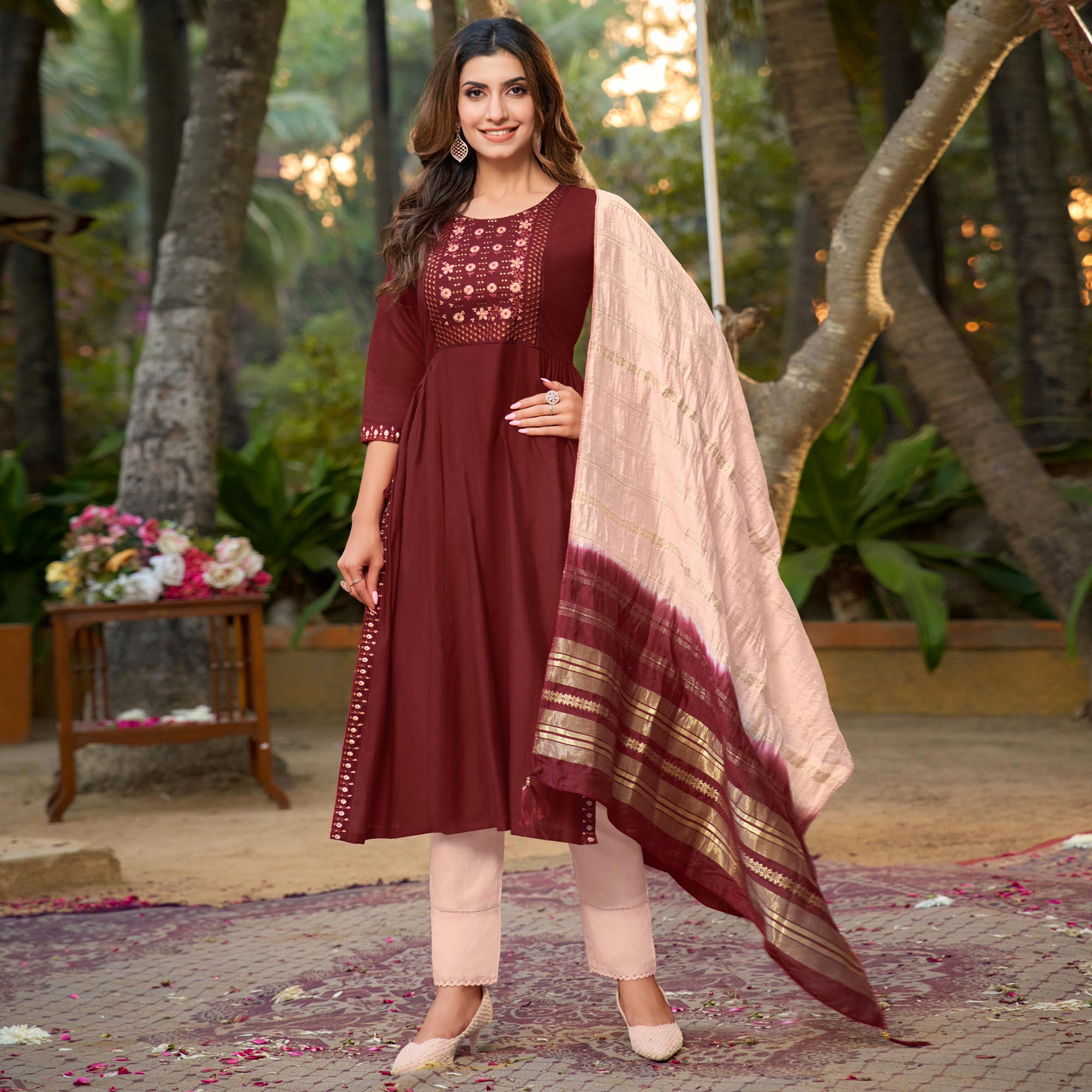 Maroon Floral Embroidered Pure Silk Naira Cut Suit