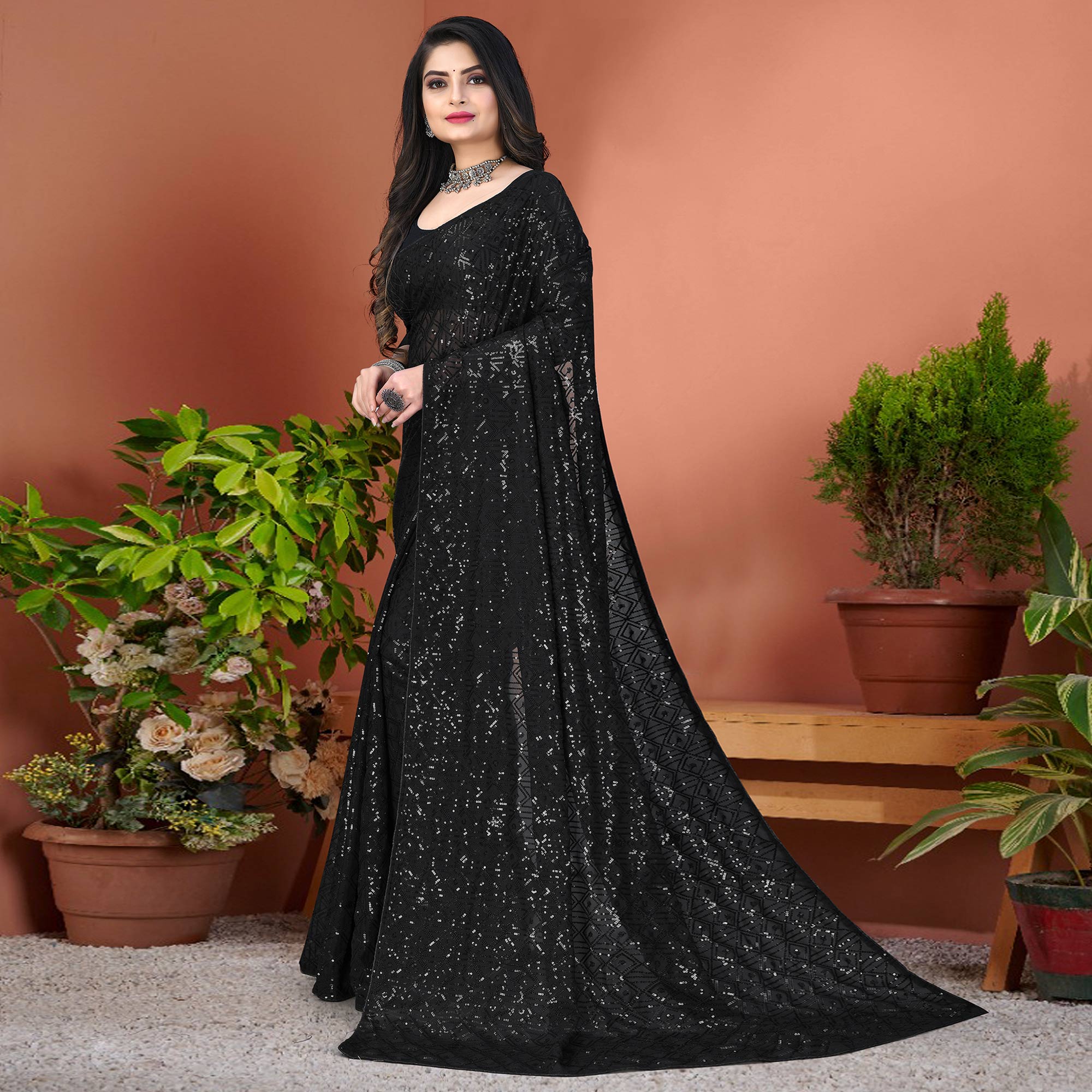 Black Sequins Embroidered Georgette Saree