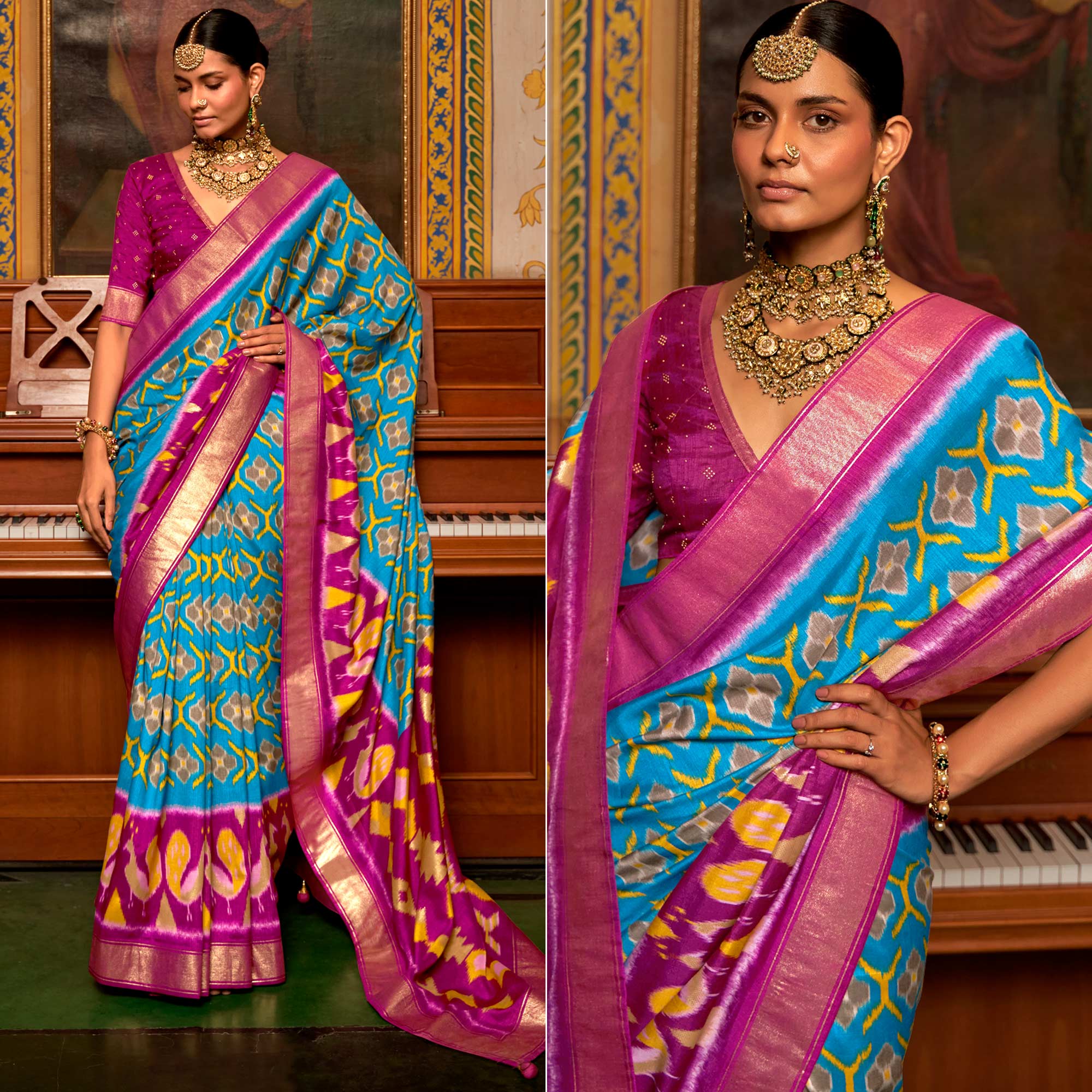 Blue & Rose Pink Printed Art Silk Saree