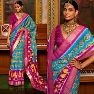 Blue & Rose Pink Printed Art Silk Saree