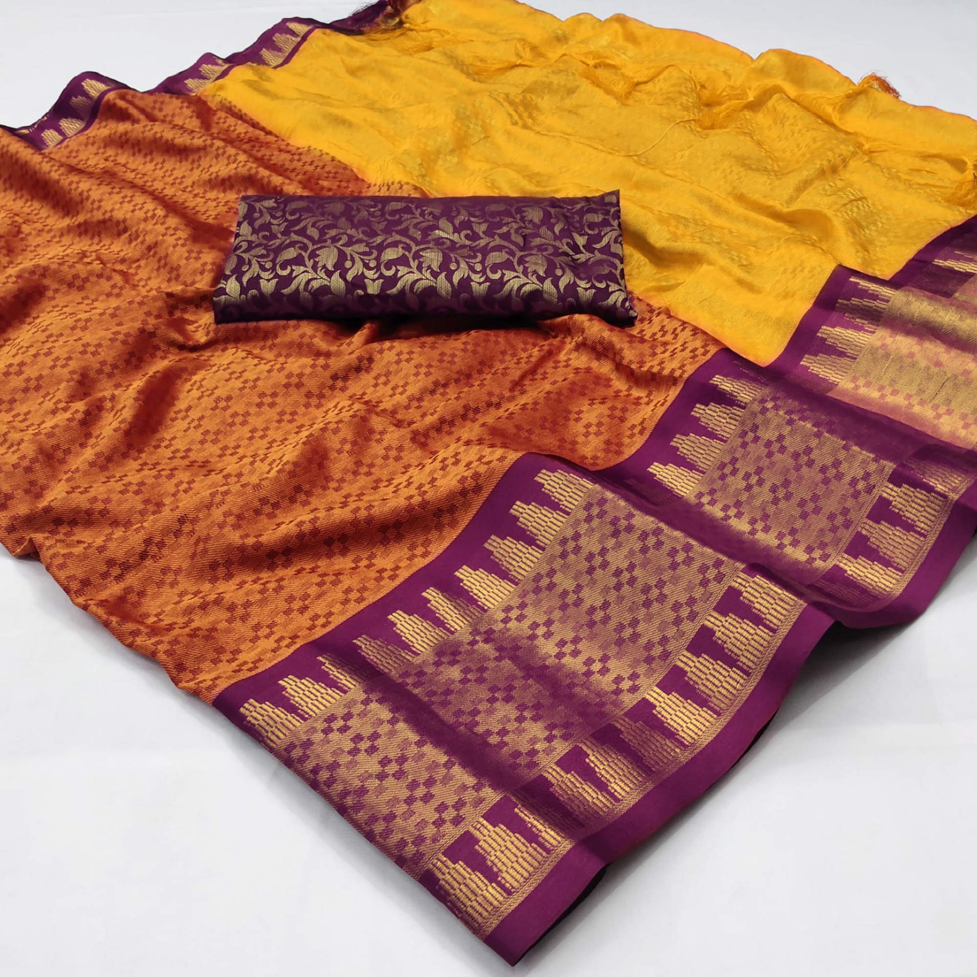 Orange Woven Cotton Silk Saree With Tassels