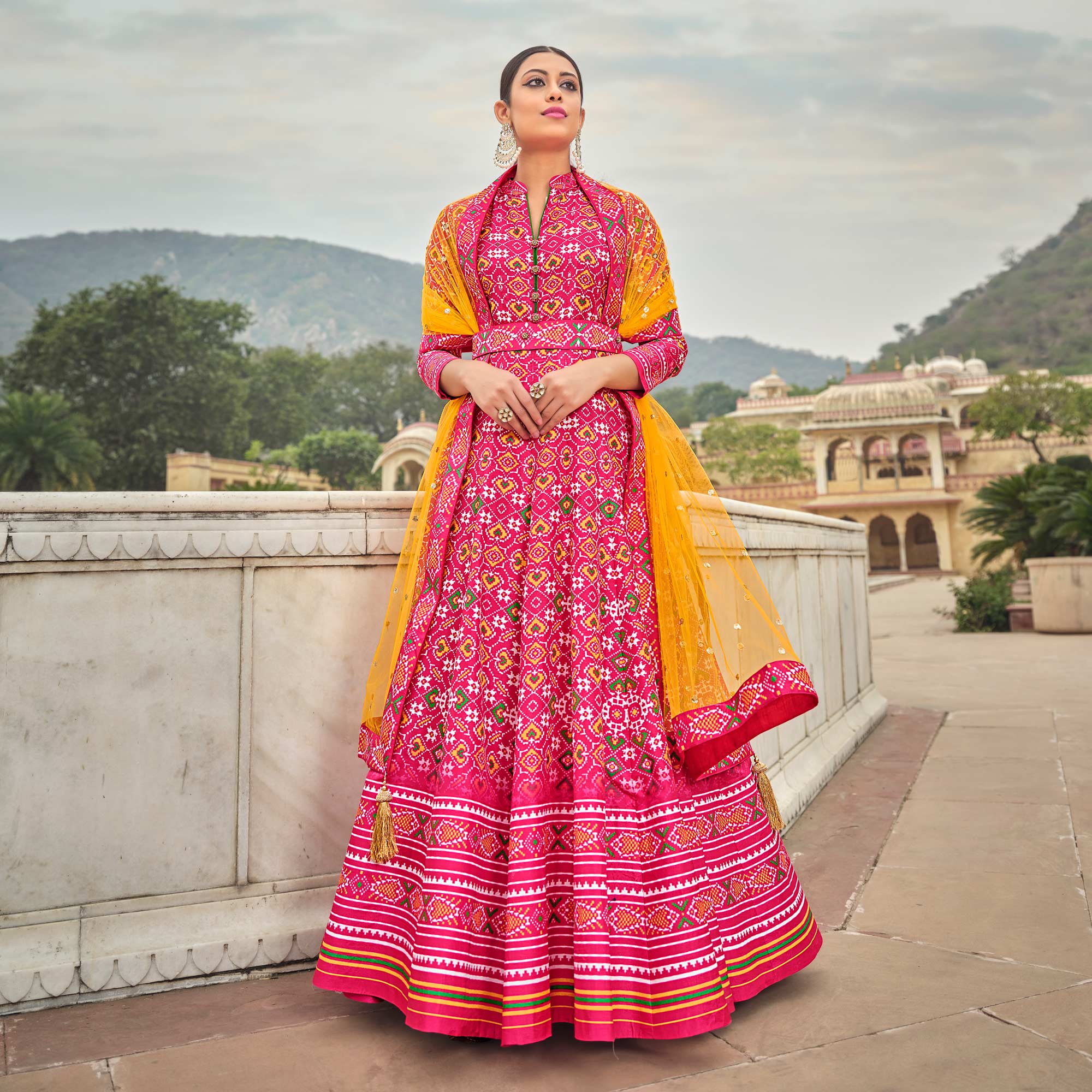 Pink Patola Digital Printed Dola Silk Gown