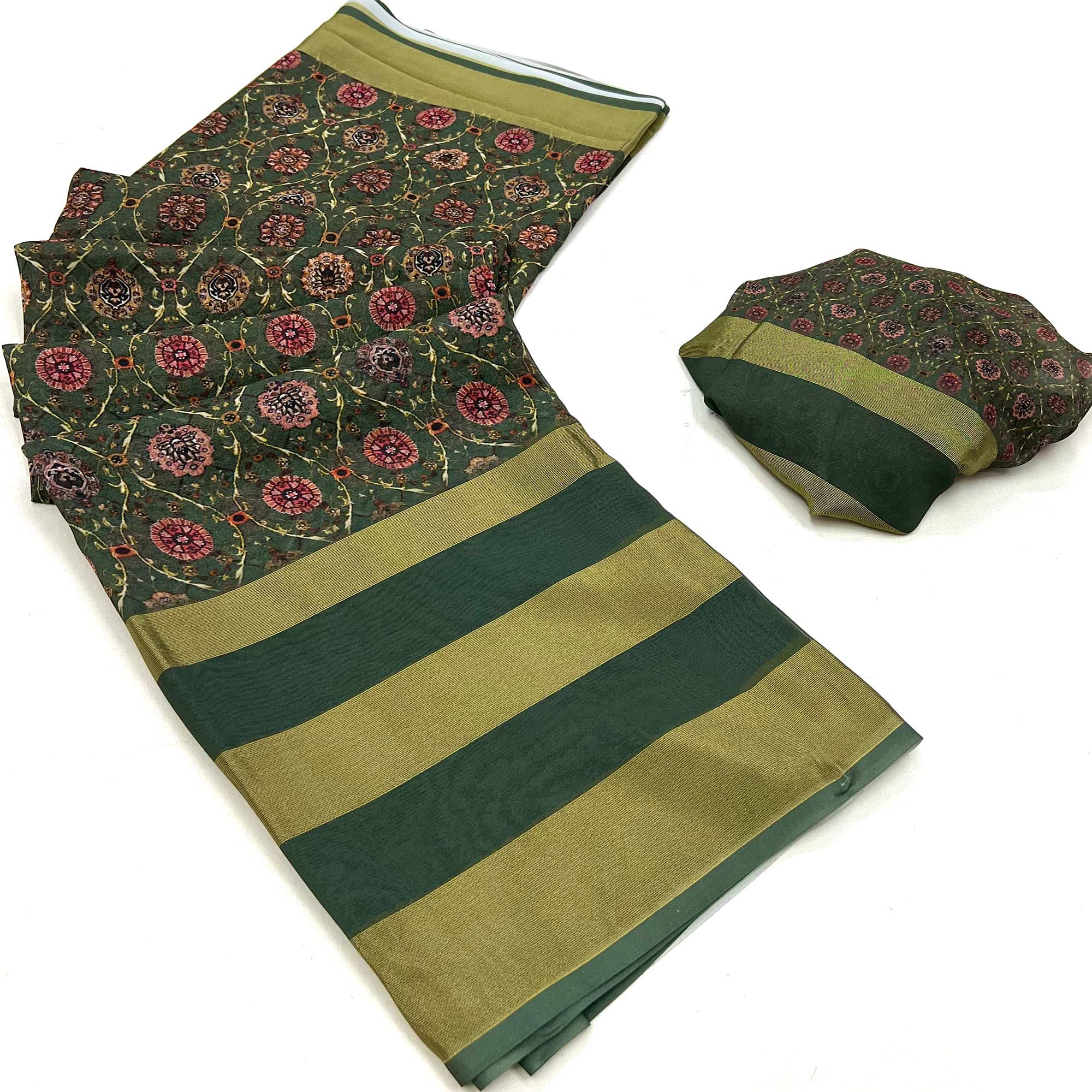 Green Digital Floral Printed Viscose Saree