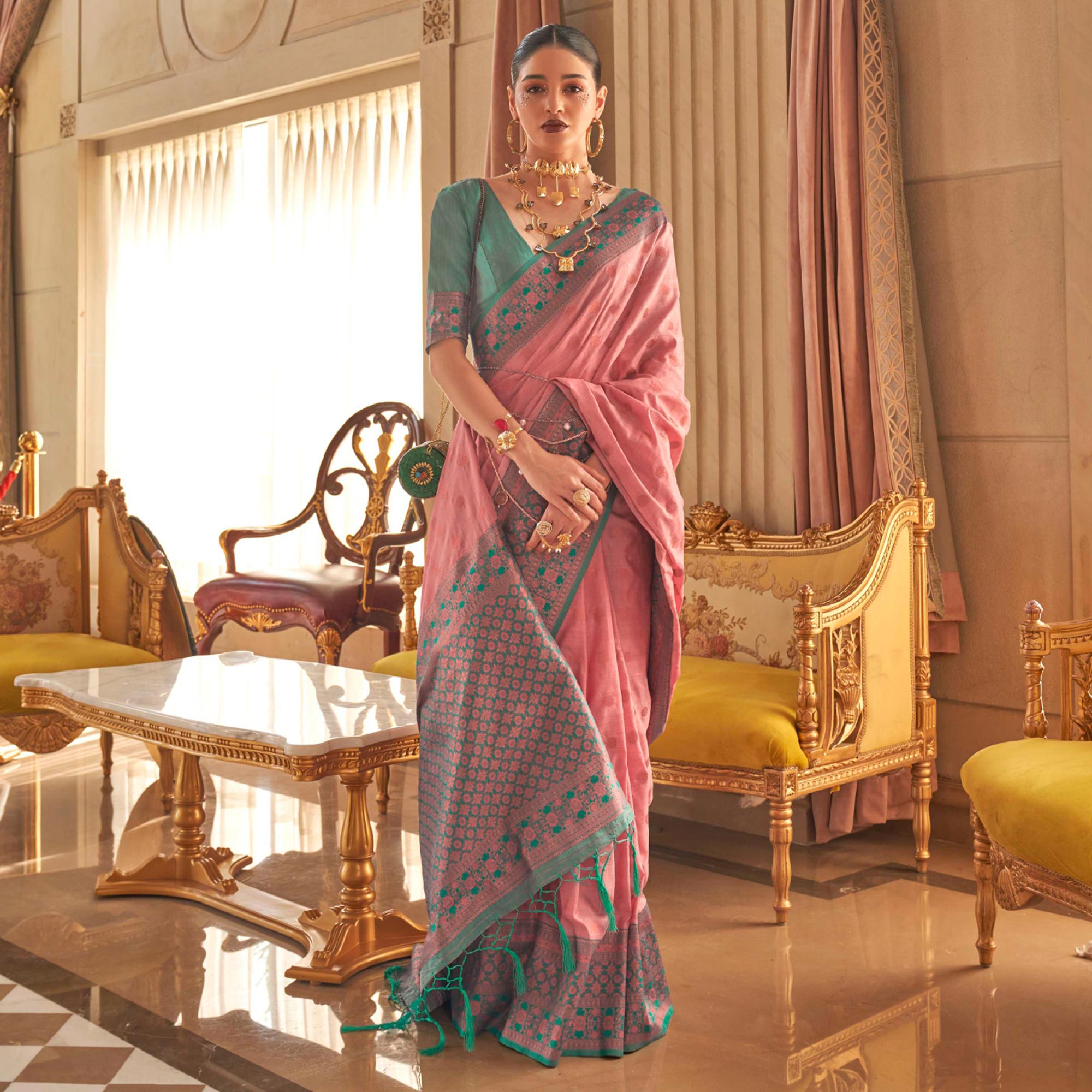 Pink Woven Art Silk Saree With Tassels