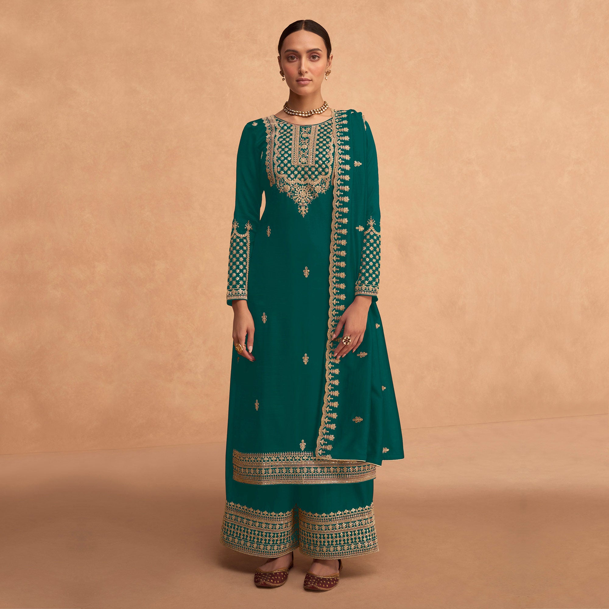 Rama Green Sequins Embroidered Georgette Palazzo Suit