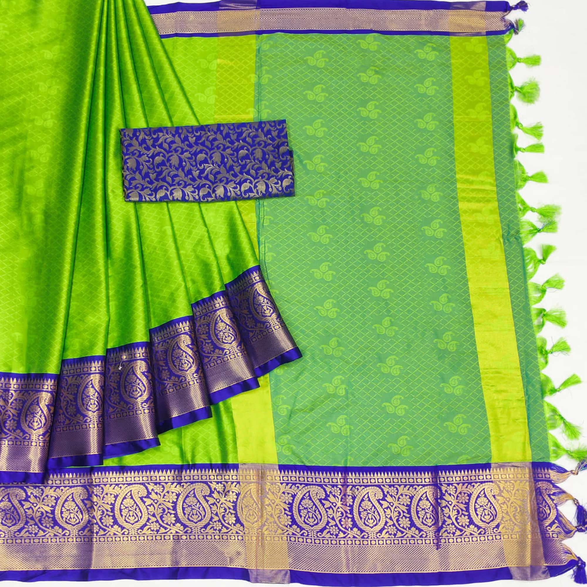 Parrot Green Woven Cotton Silk Saree With Tassels