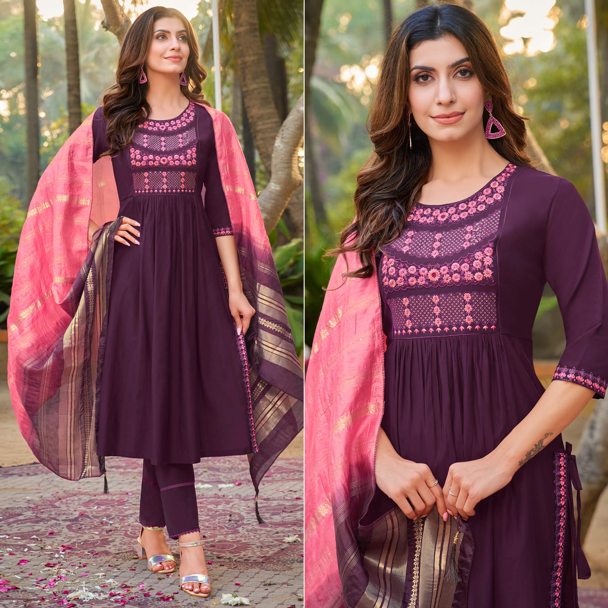 Purple Floral Embroidered Pure Silk Naira Cut Suit