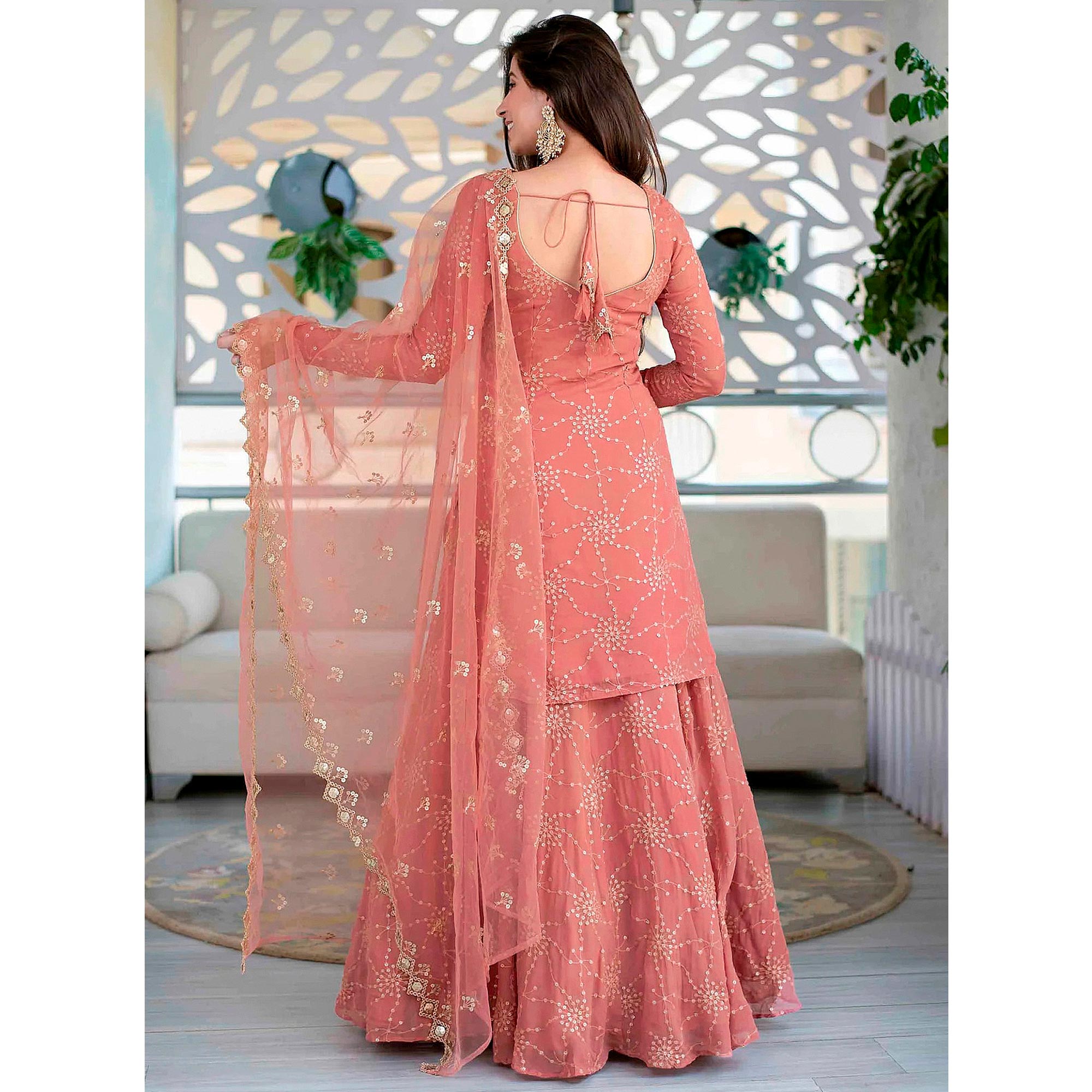 Peach Sequins Embroidered Georgette Semi Stitched Gharara Style Suit