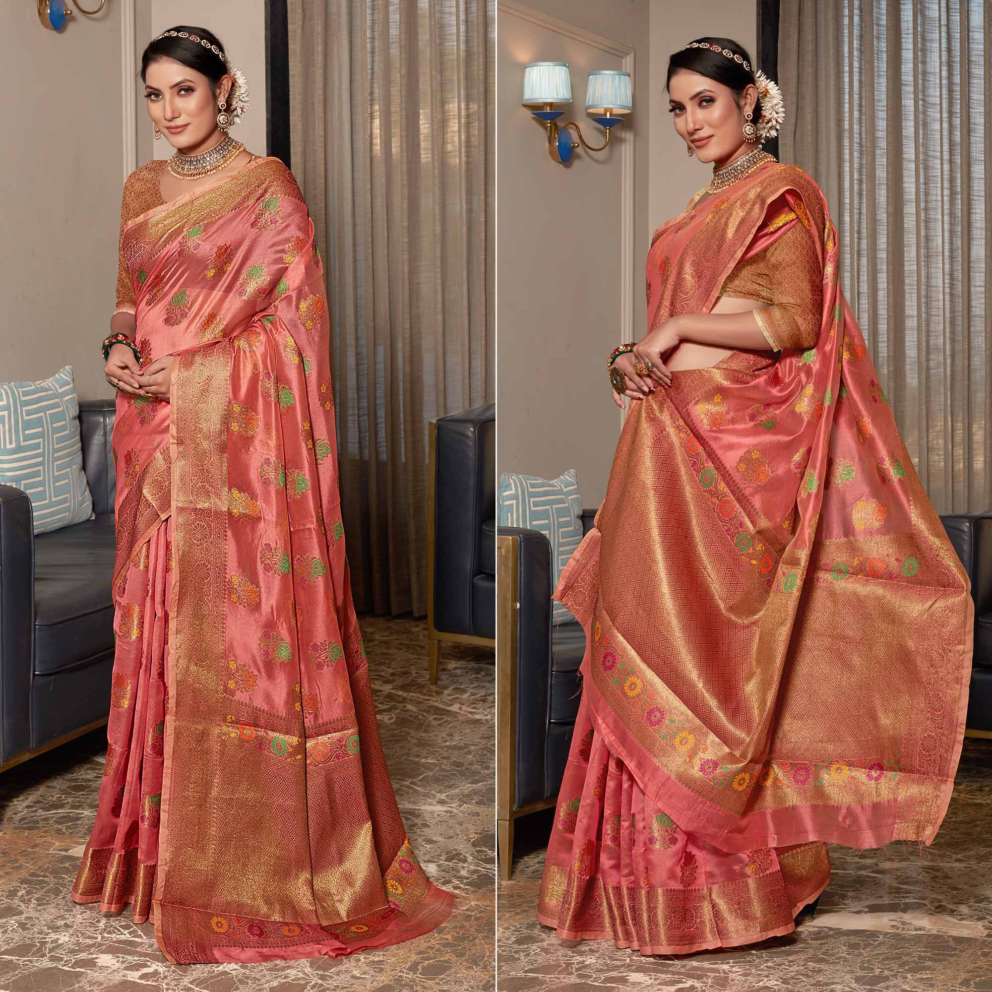 Gajari Pink Floral Woven Organza Saree