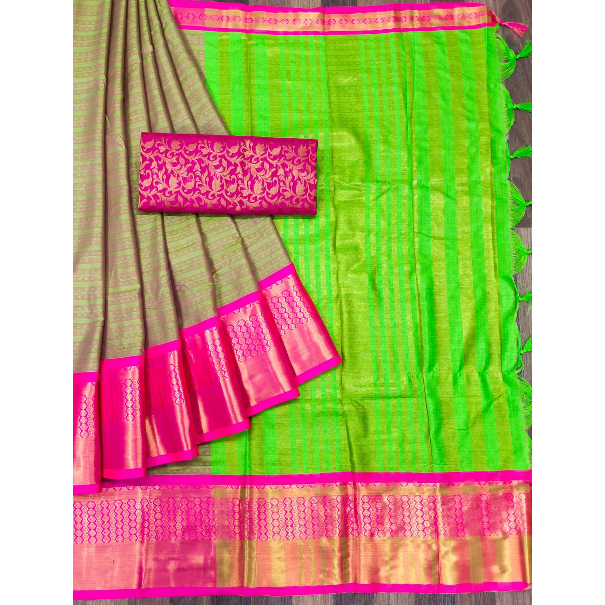 Parrot Green Woven Cotton Silk Saree