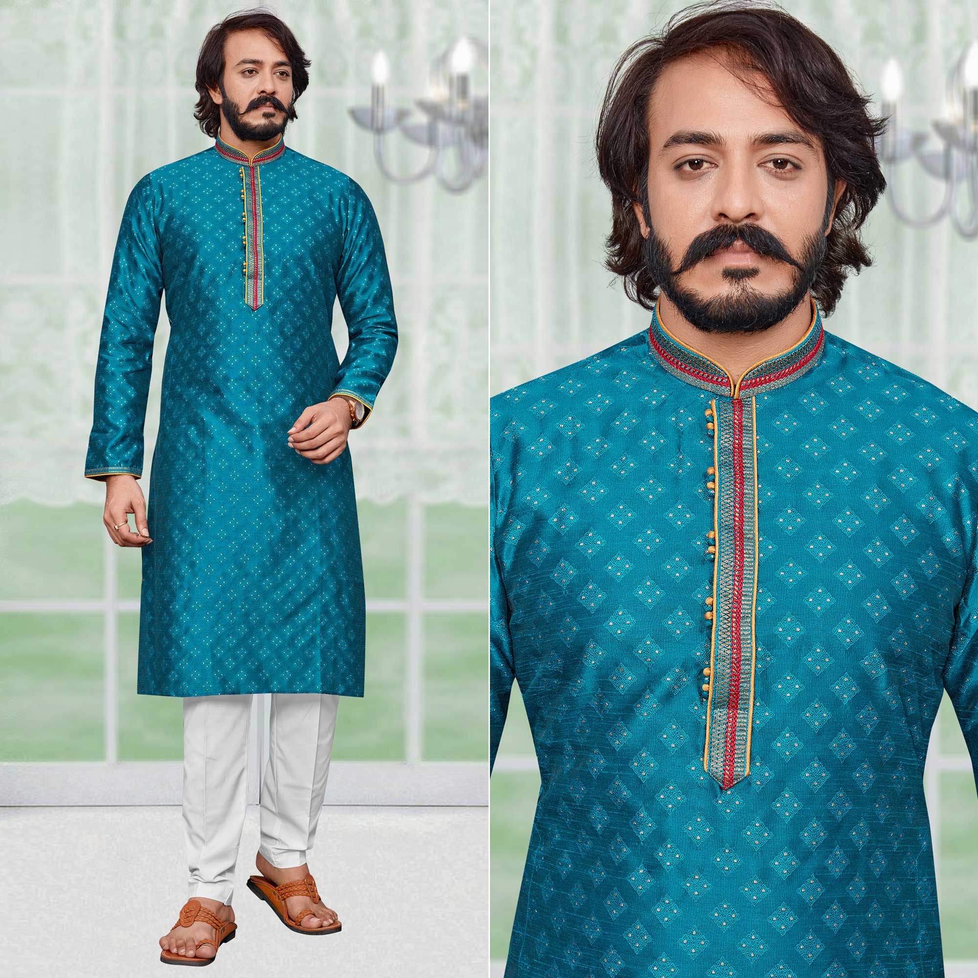 Rama Blue Woven Jacquard Kurta Pyjama Set