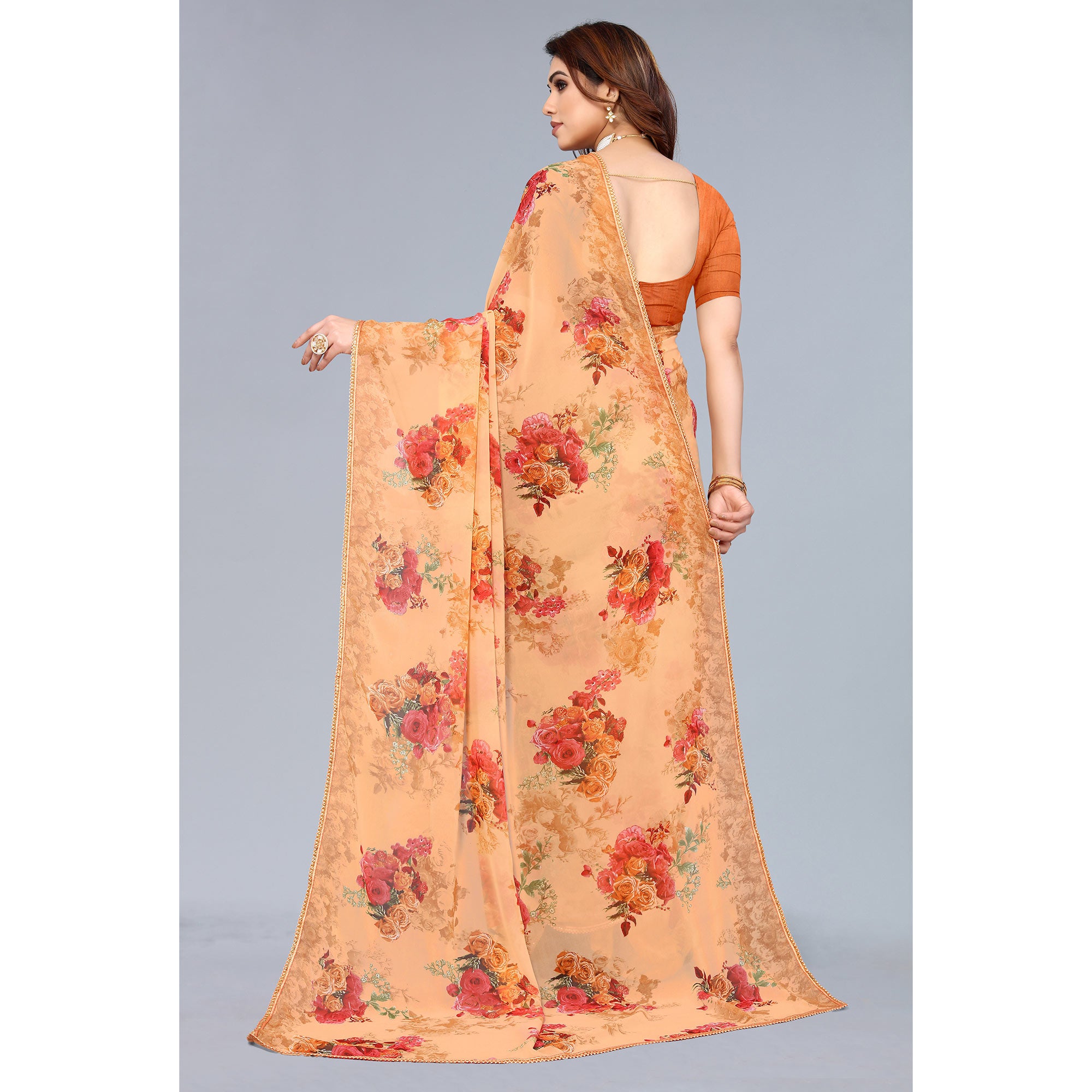 Orange Floral Printed Georgette Saree