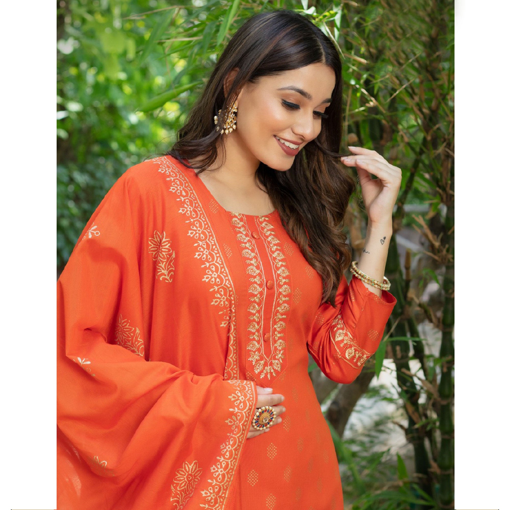 Orange Printed Rayon Salwar Suit