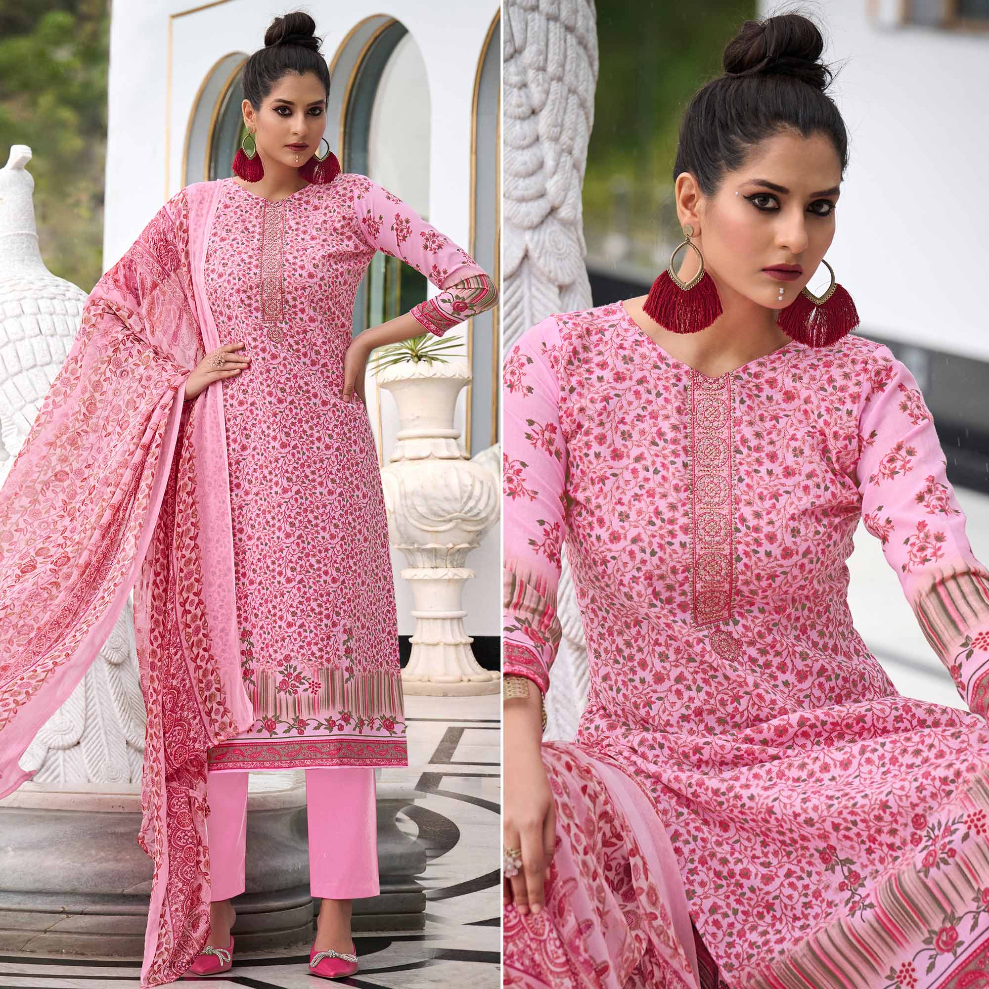 Pink Printed With Embroidered Pure Cotton Salwar Suit