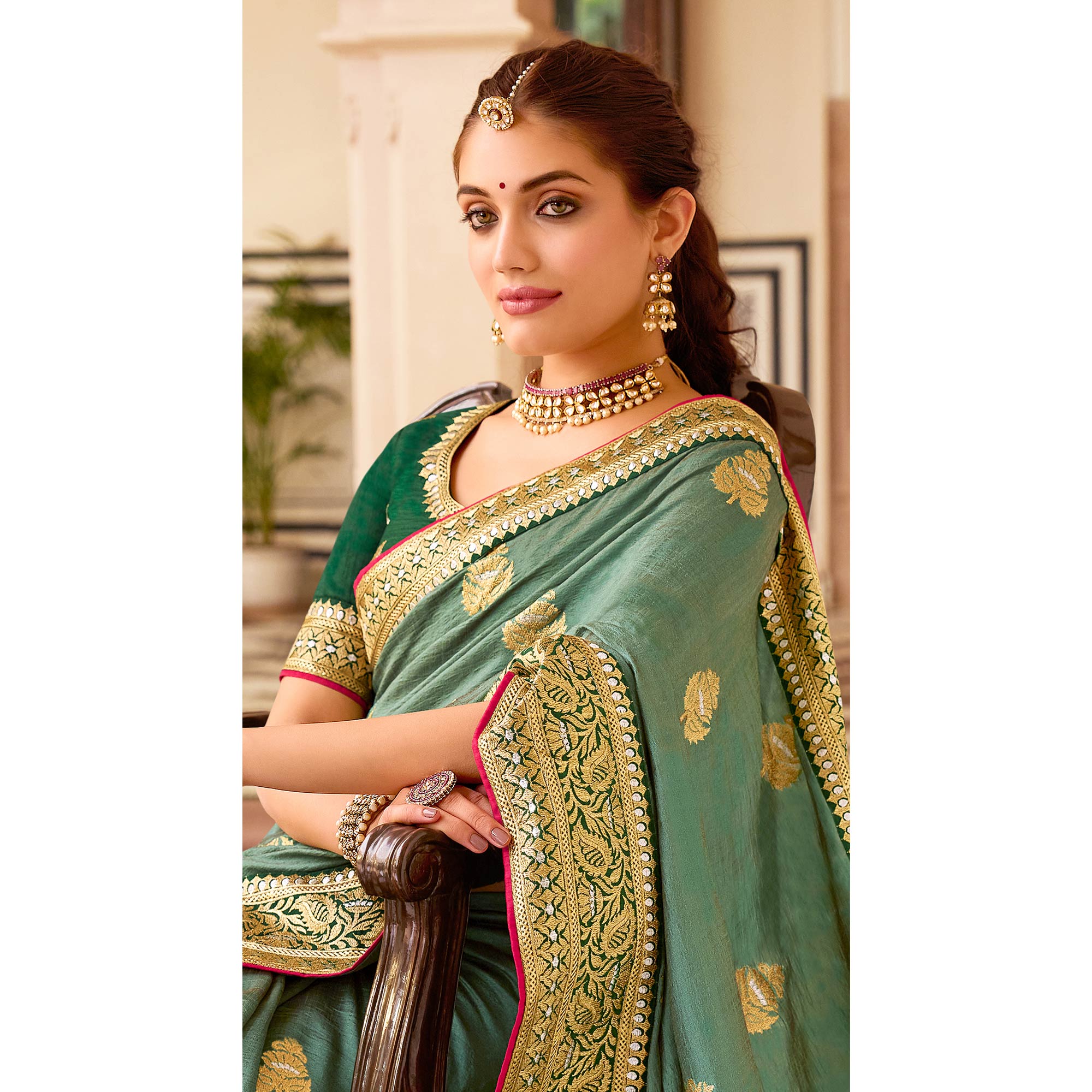 Green Embroidered Vichitra Silk Saree With With Tassels