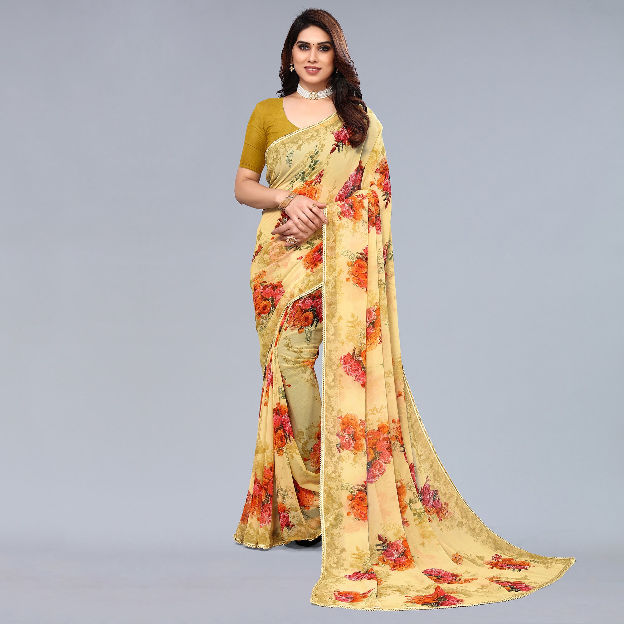 Yellow Floral Printed Georgette Saree