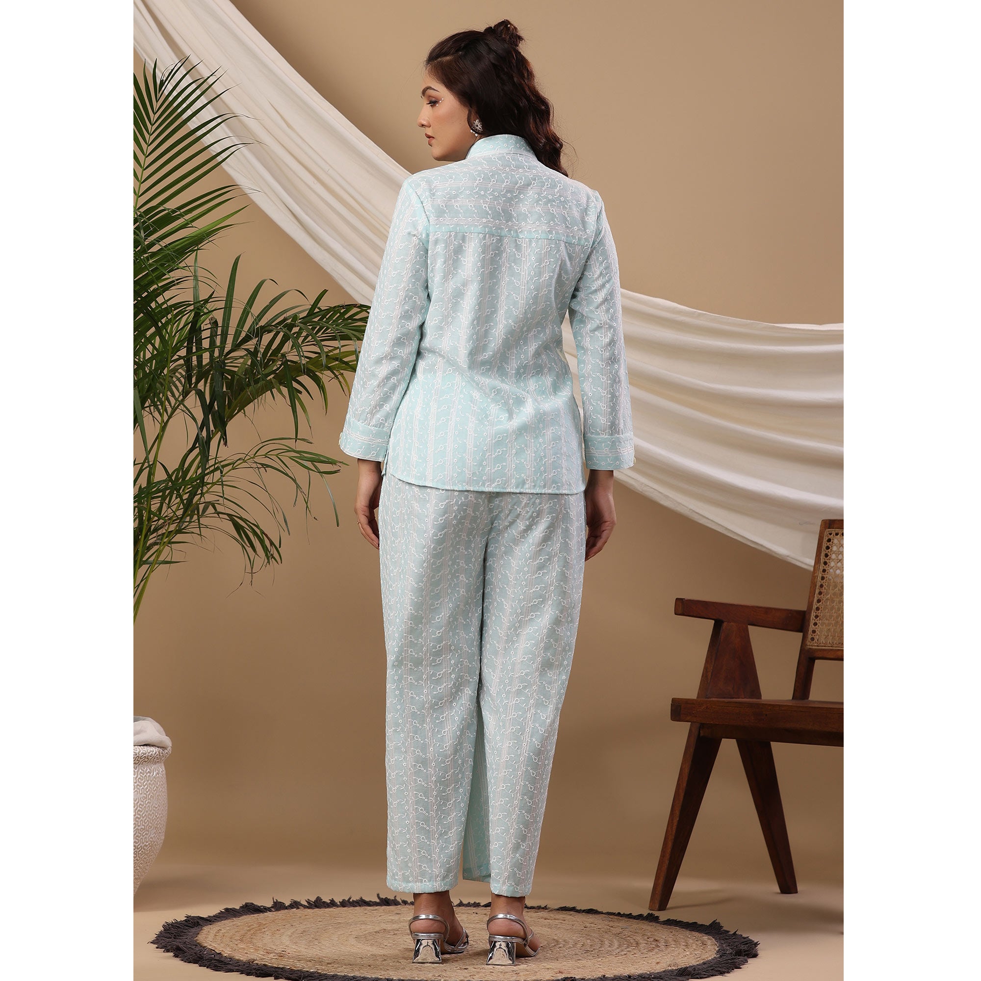 Light Blue Embroidered Pure Cotton Co Ord Set