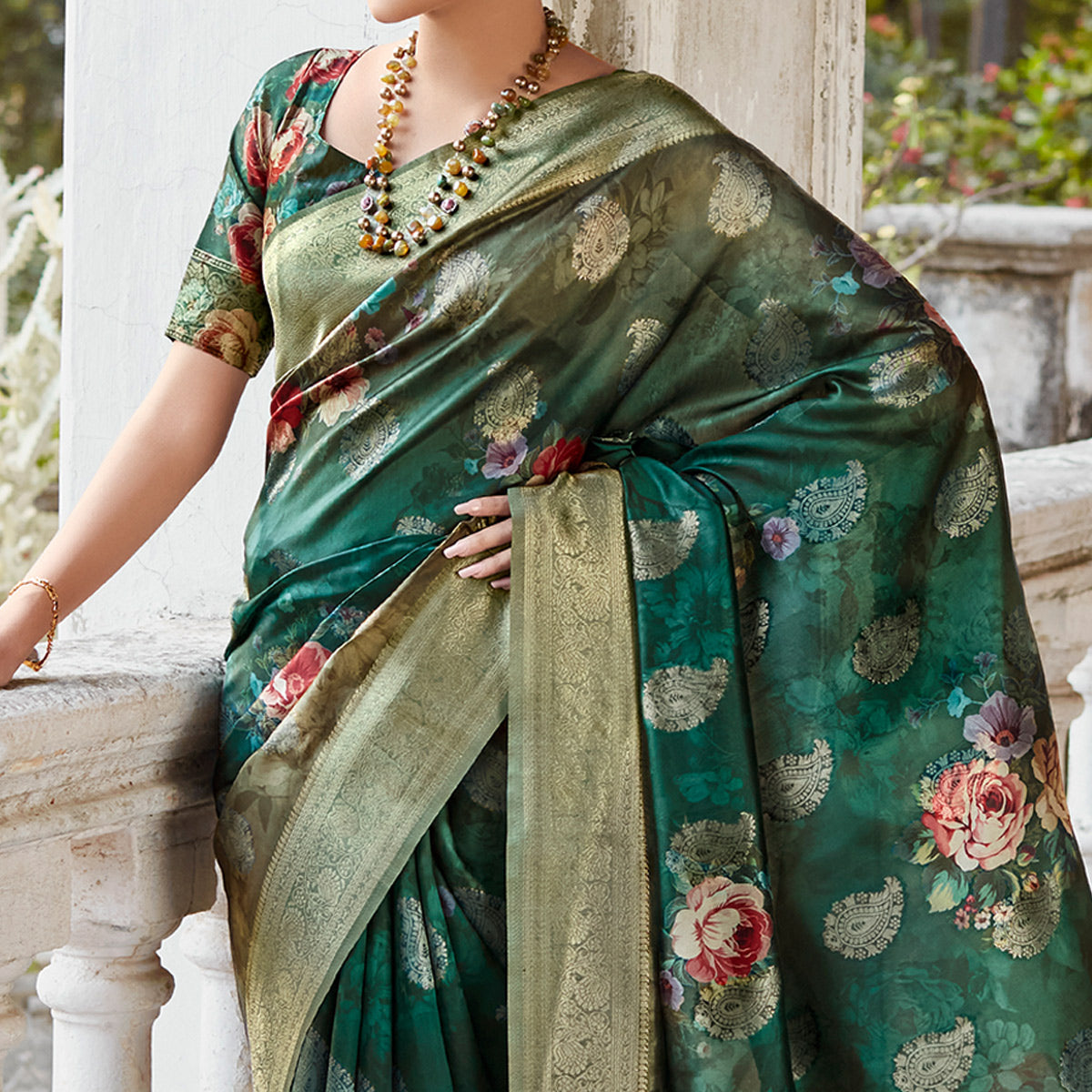 Green Woven With Floral Printed Art Silk Saree