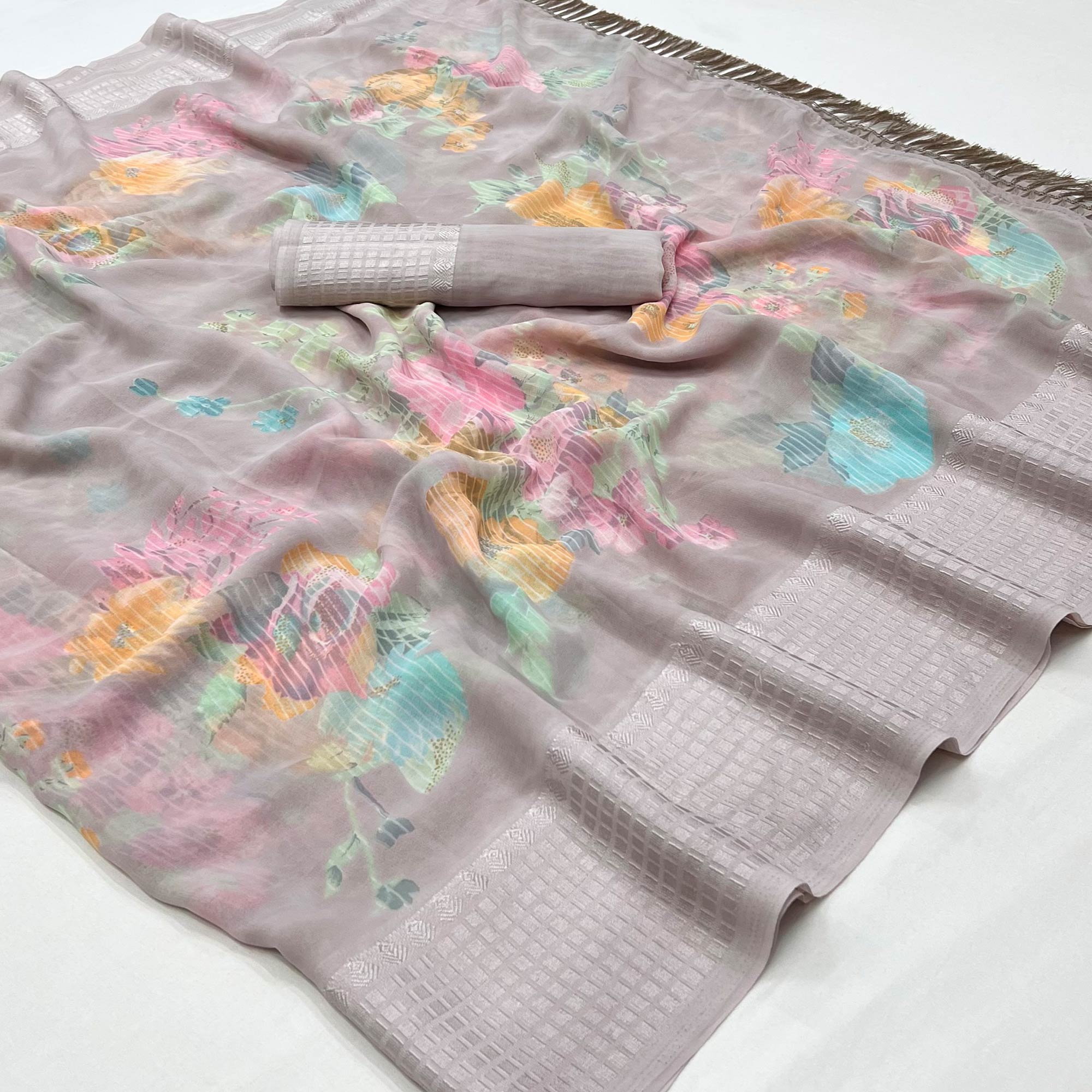 Grey Floral Printed Georgette Saree With Tassels