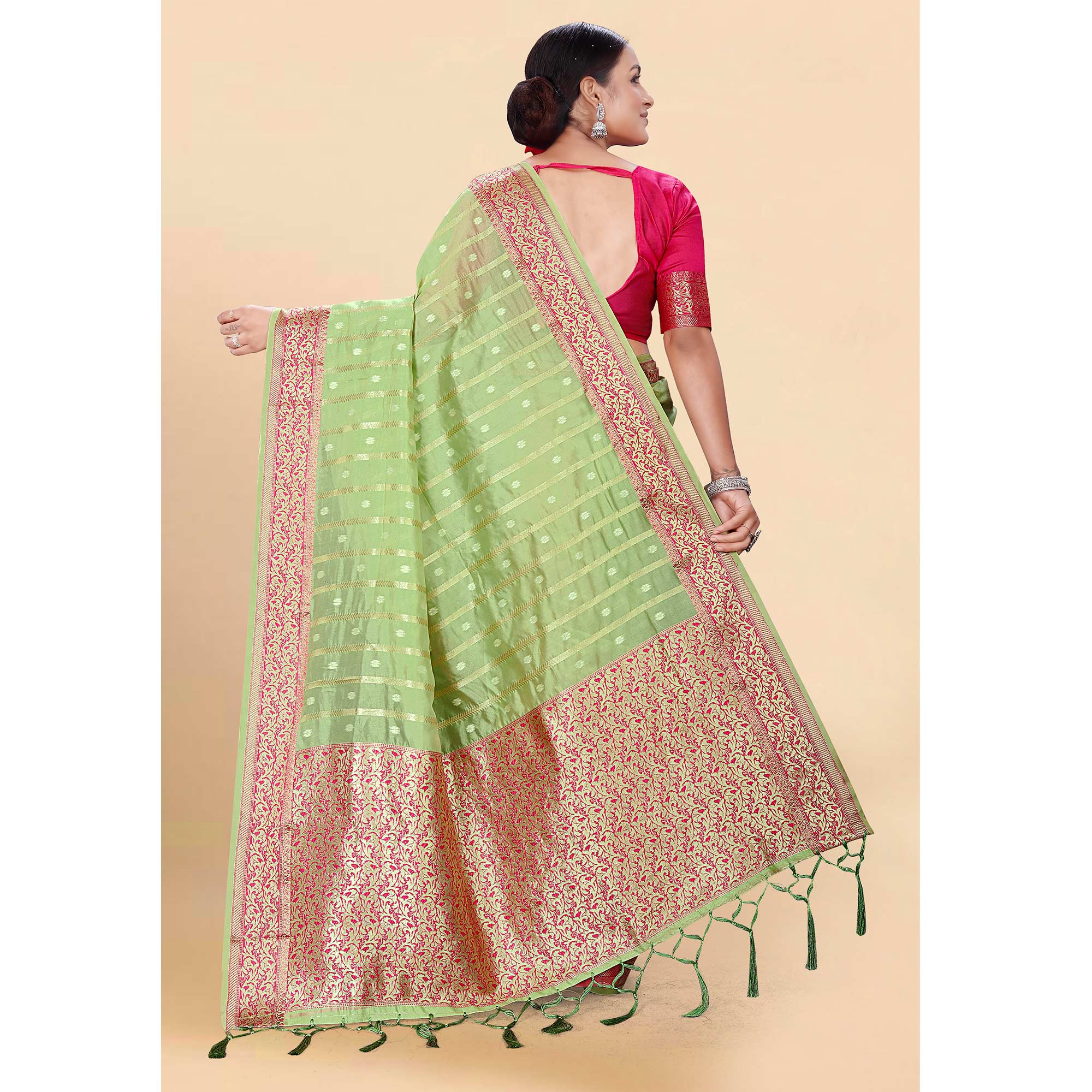 Green Woven Organza Saree With Tassels