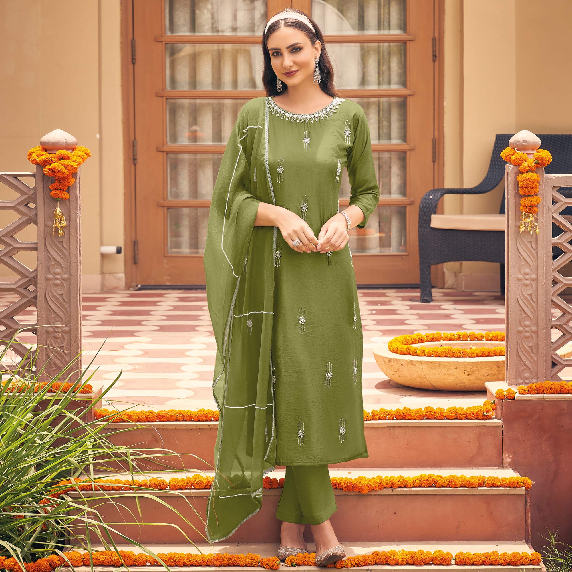 Green Embellished Viscose Salwar Suit